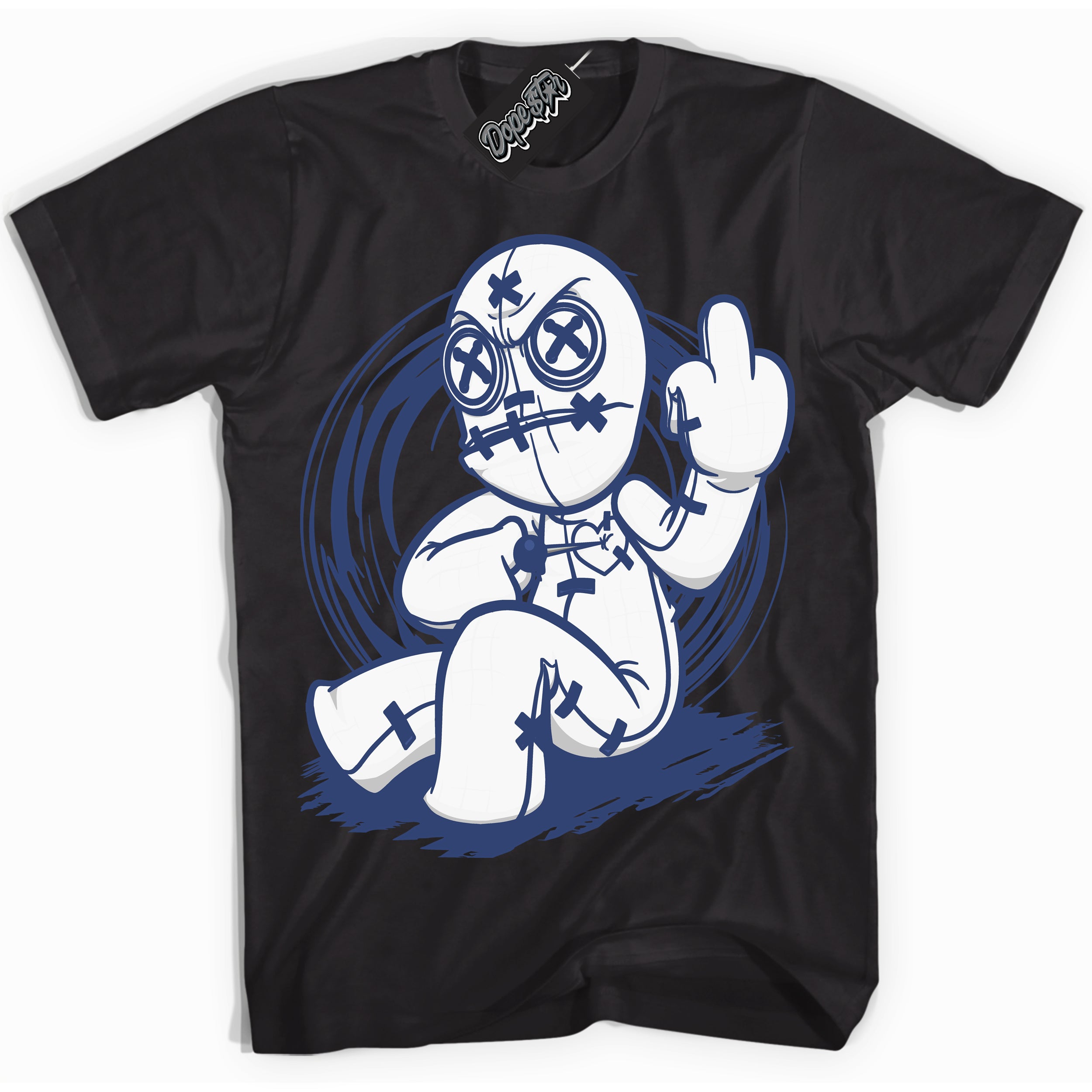 Cool Black Shirt with “ Voodoo Doll ” design that perfectly matches Diffused Blue 11s Jordans.