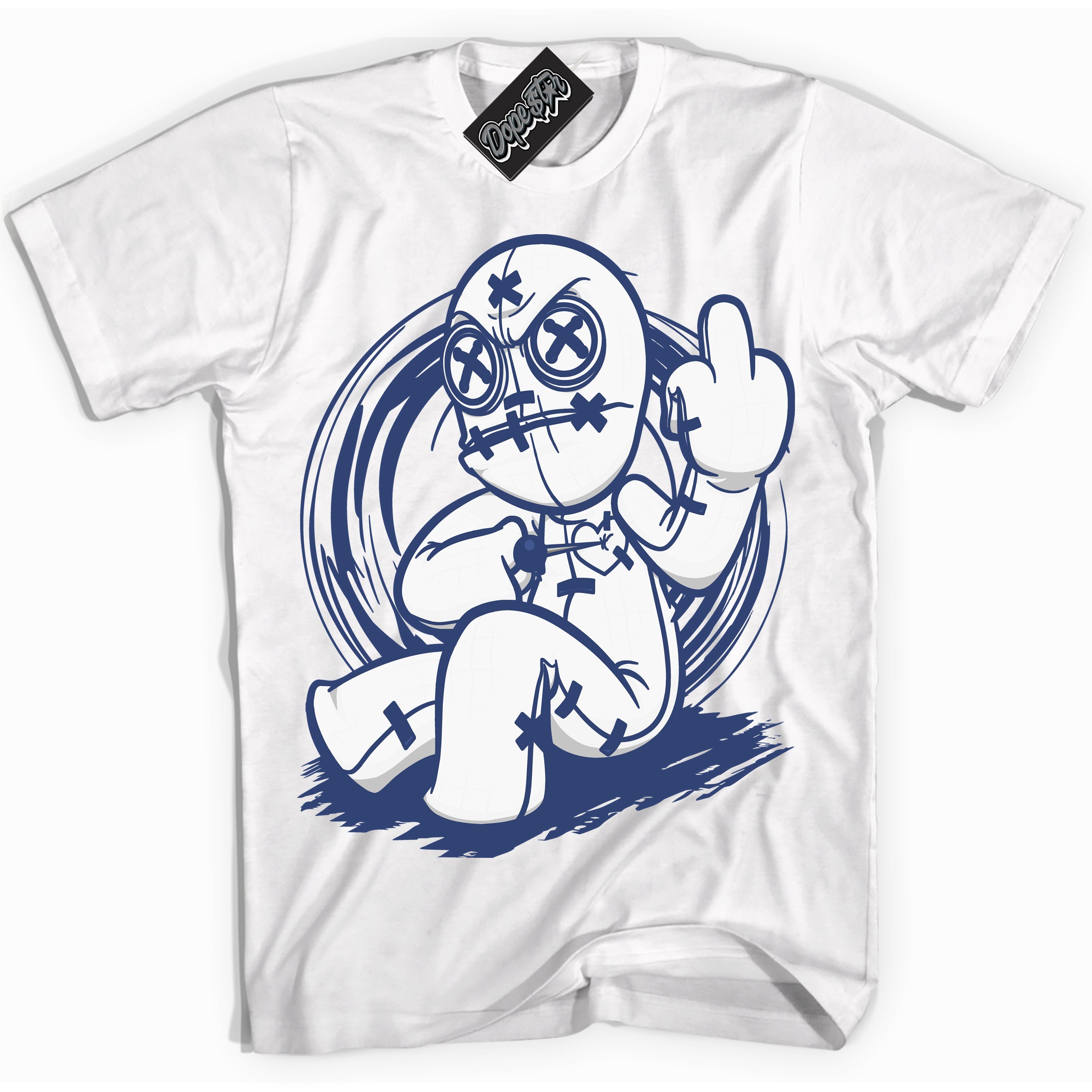 Cool White Shirt with “ Voodoo Doll ” design that perfectly matches Diffused Blue 11s Jordans.