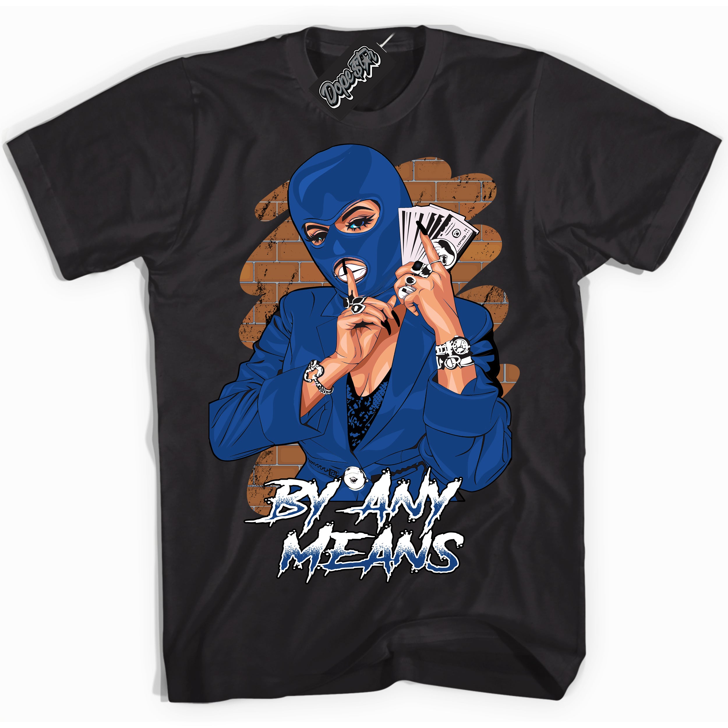 AJ12 Retro Blueberry ‘By Any Means’ – Black Streetwear T-Shirt | Sneaker Matching shirt for AJ12 Retro Blueberry | Men's and Women's Streetwear Graphic Tee by Sneaker Shirts Outlet.
