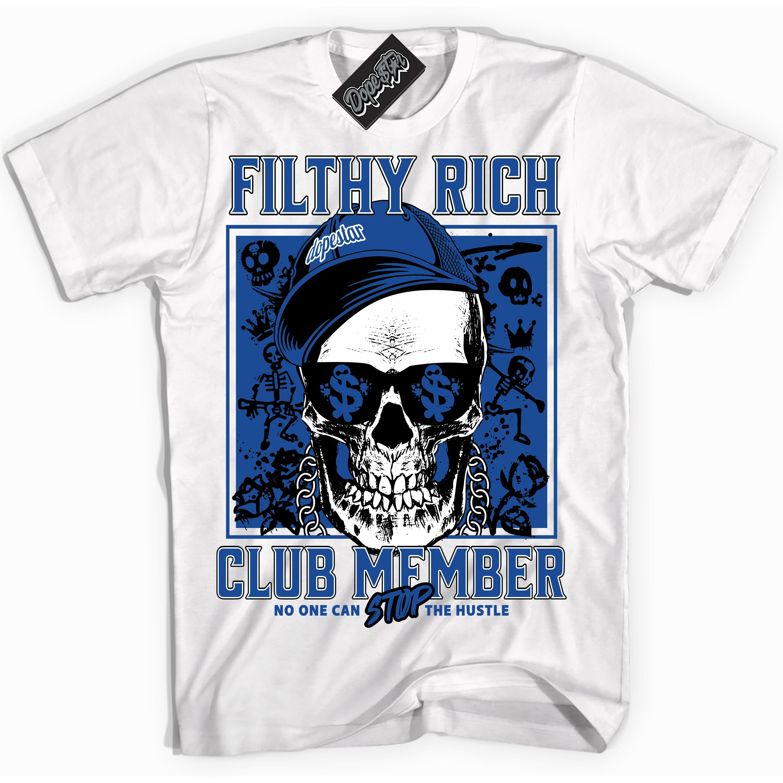 AJ12 Retro Blueberry ‘Filthy Rich’ – White Streetwear T-Shirt | Sneaker Matching shirt for AJ12 Retro Blueberry | Men's and Women's Streetwear Graphic Tee by Sneaker Shirts Outlet.
