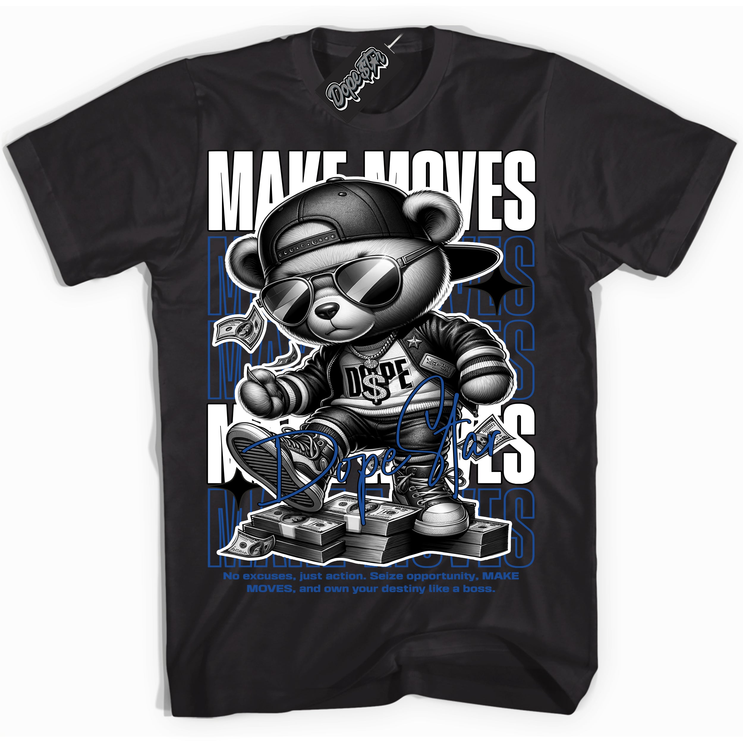 AJ12 Retro Blueberry ‘Make Moves’ – Black Streetwear T-Shirt | Sneaker Matching shirt for AJ12 Retro Blueberry | Men's and Women's Streetwear Graphic Tee by Sneaker Shirts Outlet.
