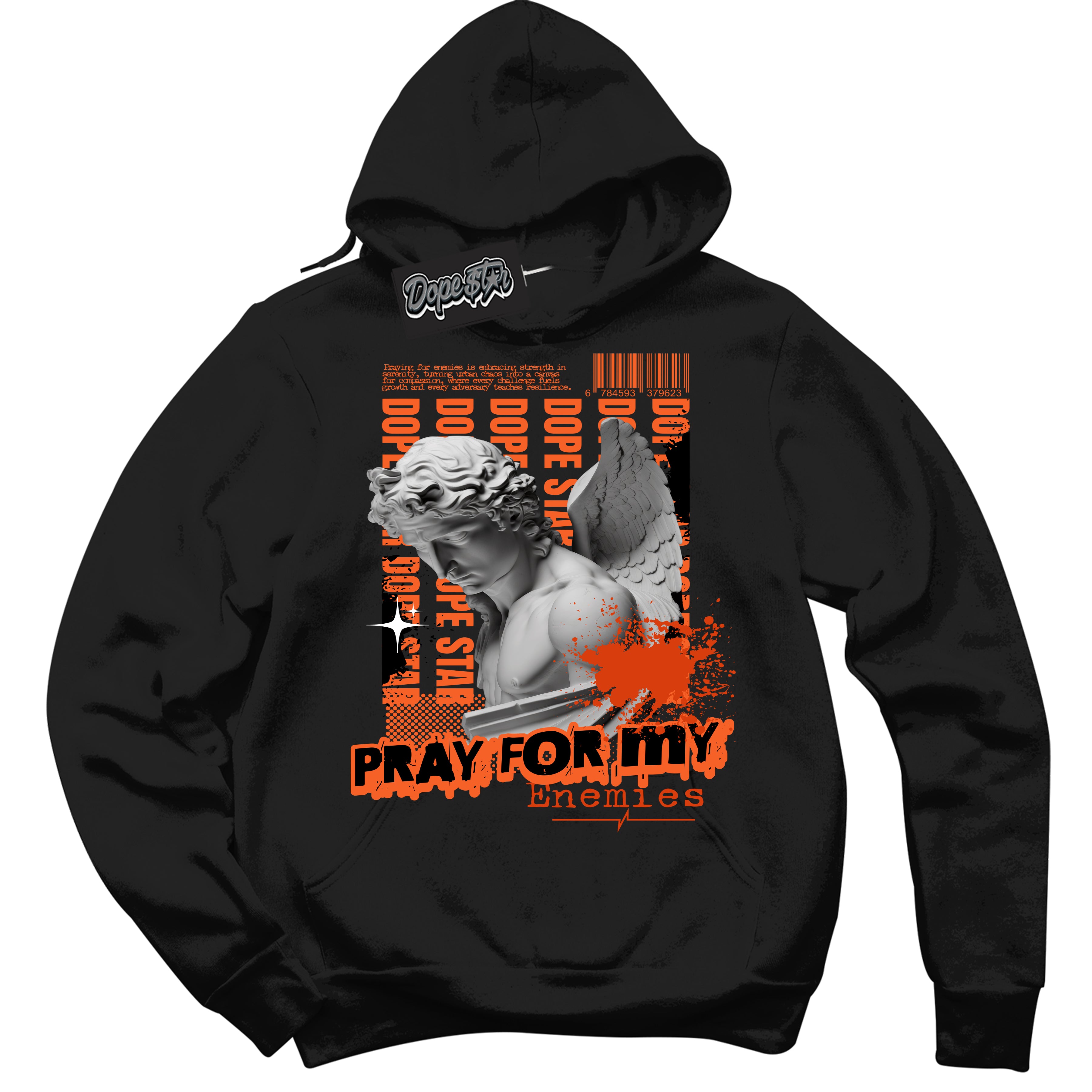 Cool Black Hoodie with “ Pray Enemies ”  design that Perfectly Matches WNBA All Star Brilliant Orange 12s Sneakers.