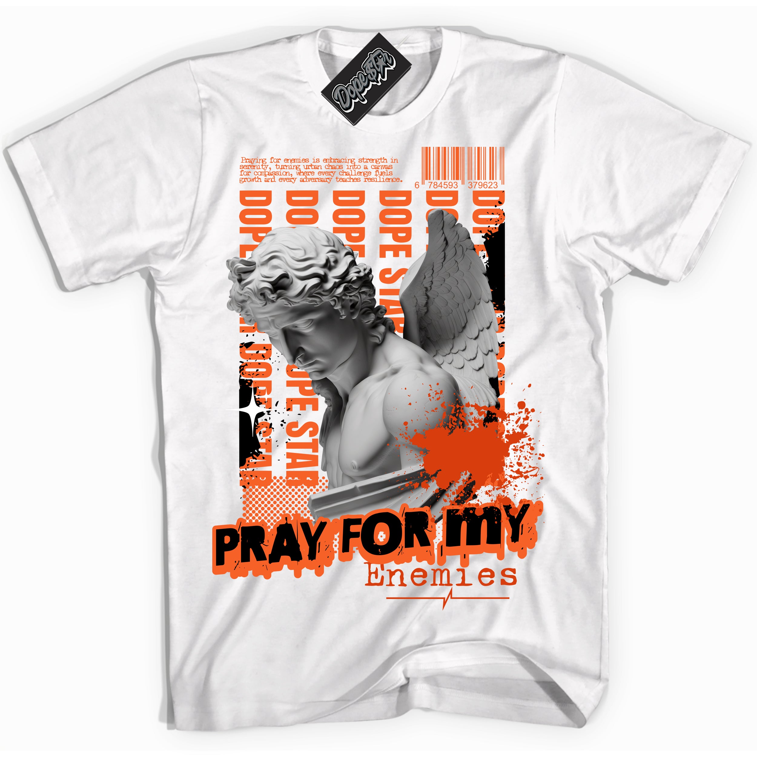 Cool White Shirt with “ Pray Enemies” design that perfectly matches WNBA All Star Brilliant Orange 12s Sneakers.
