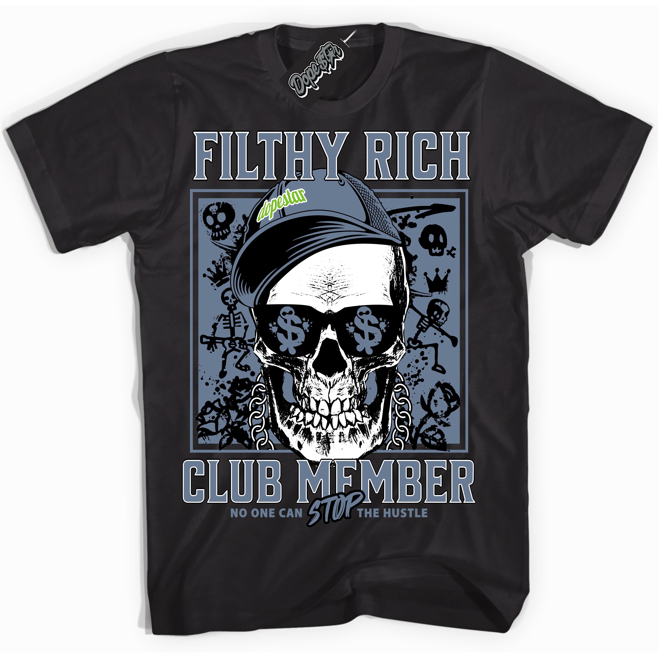 Cool Black Shirt with “ Filthy Rich” design that perfectly matches Blue Grey 13s Sneakers.