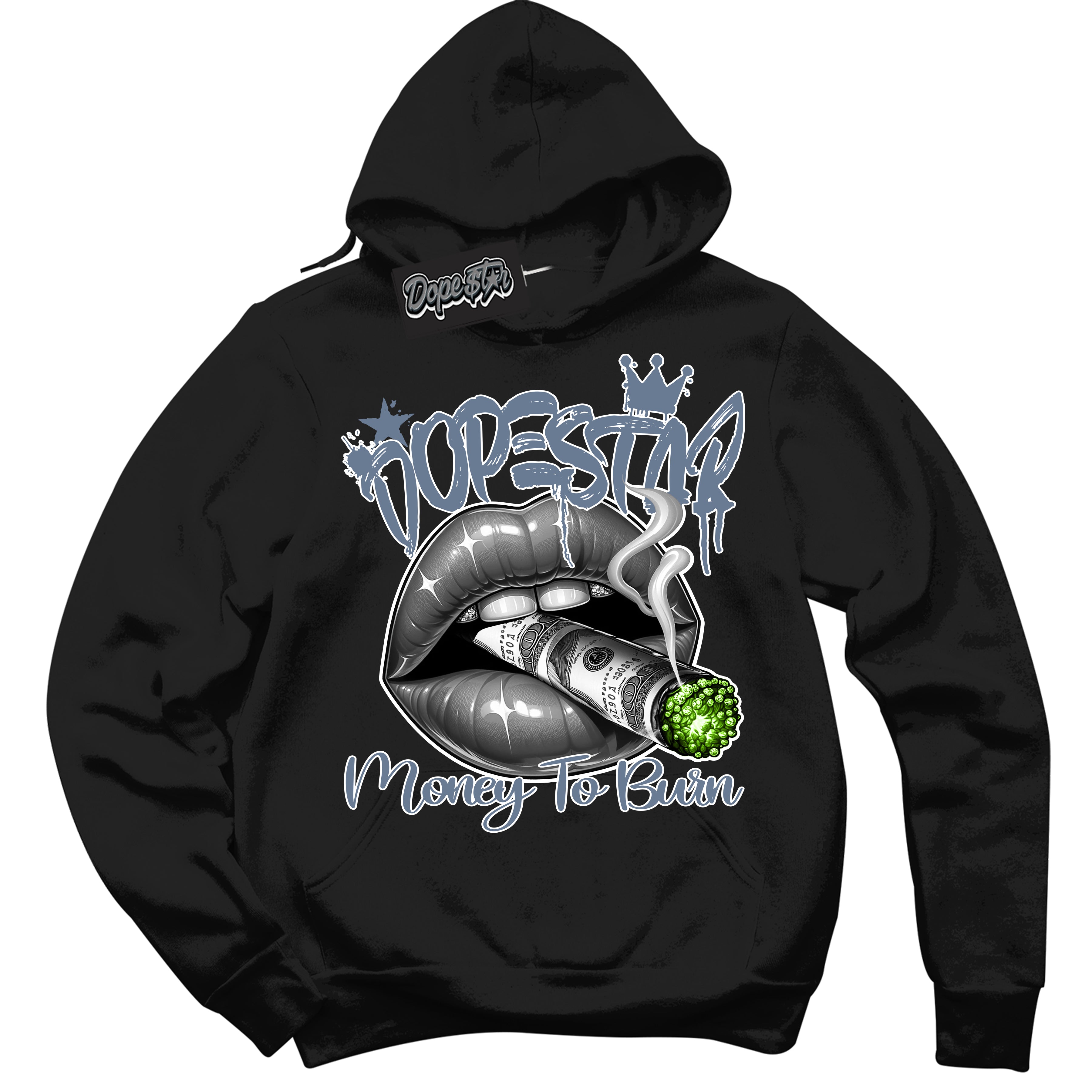 Cool Black Hoodie with “ Money To Burn ”  design that Perfectly Matches Blue Grey 13s Sneakers.