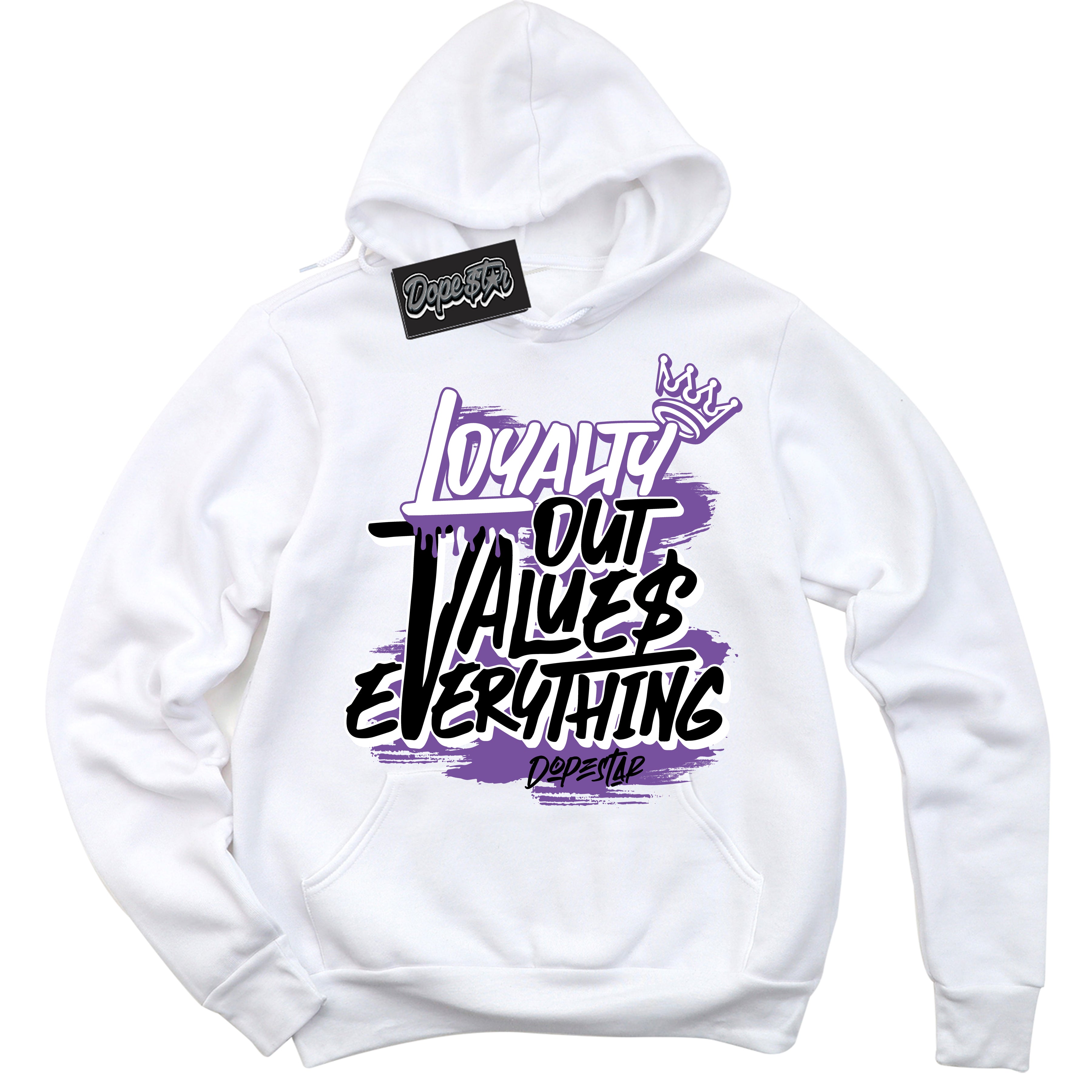 Cool White Hoodie with “ Loyalty Out Values Everything ”  design that Perfectly Matches FlyEase Black Bright Violet 1s Sneakers.