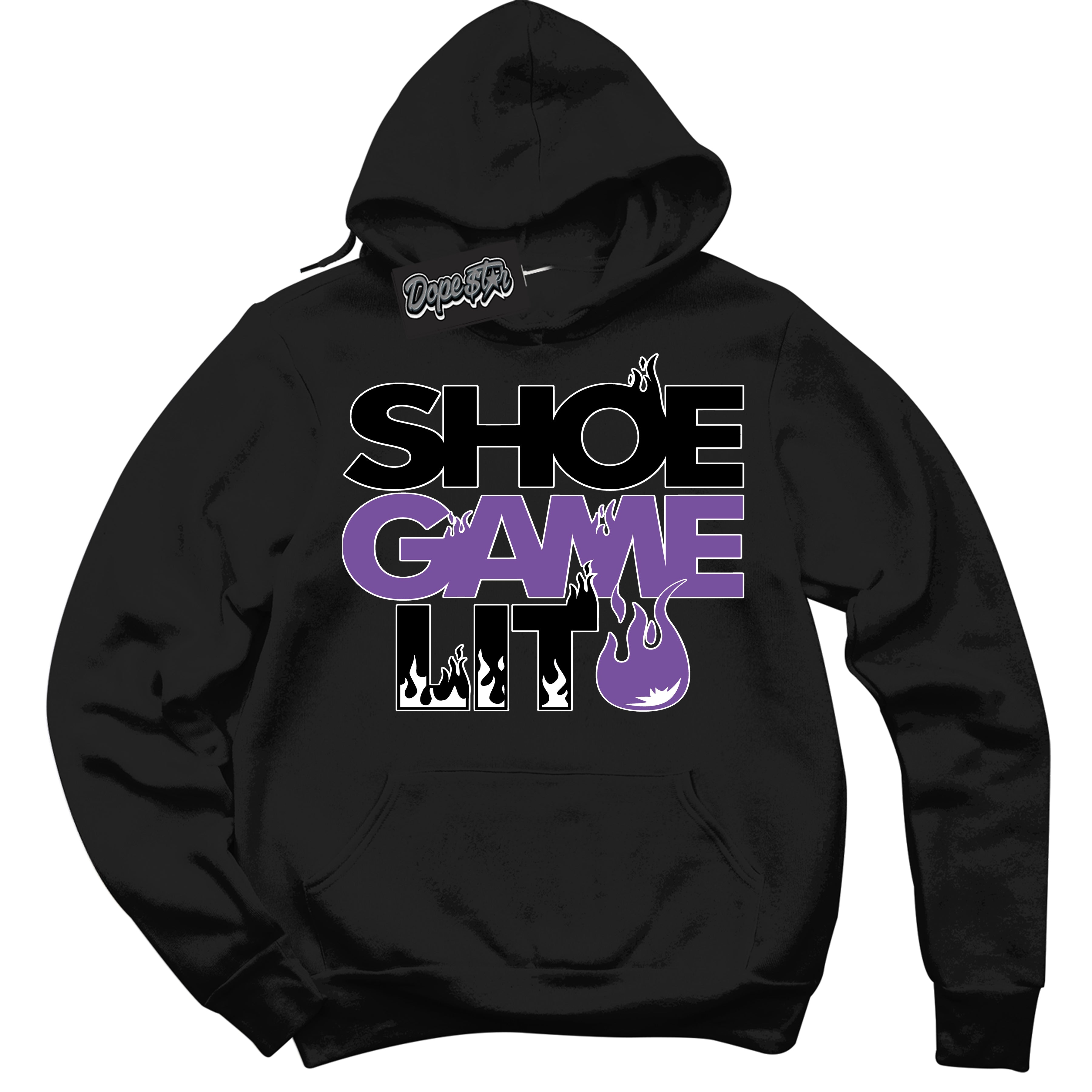 Cool Black Hoodie with “ Shoe Game Lit '' design that Perfectly Matches  FlyEase Black Bright Violet 1s Sneakers.