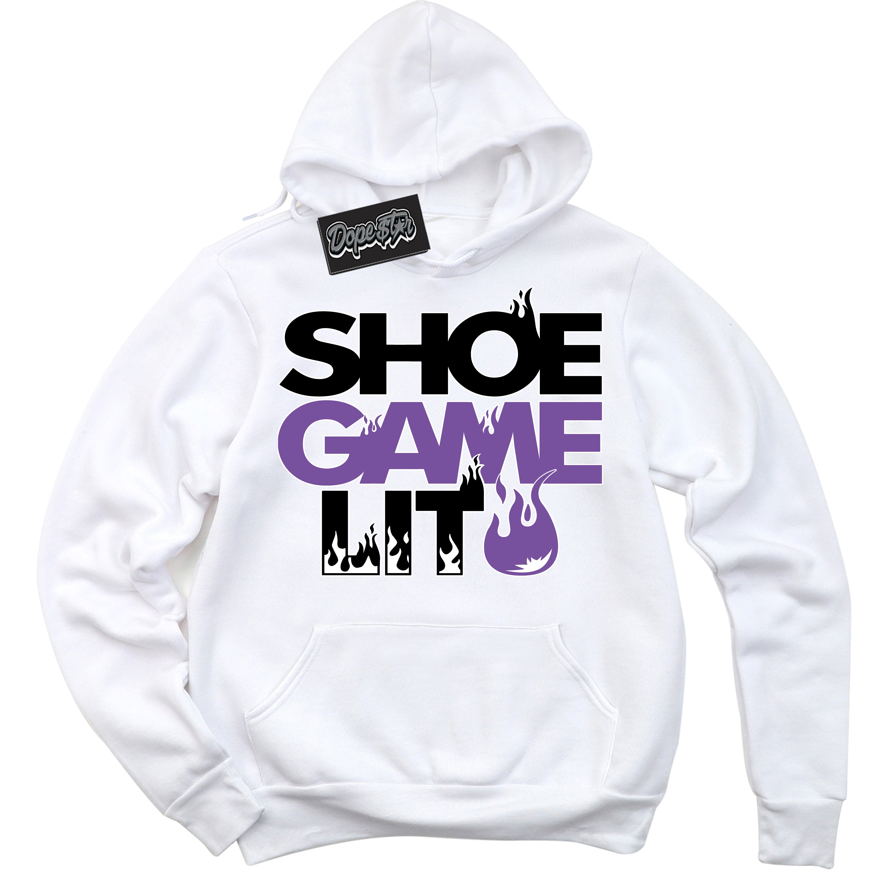 Cool White Hoodie with “ Shoe Game Lit '' design that Perfectly Matches  FlyEase Black Bright Violet 1s Sneakers.
