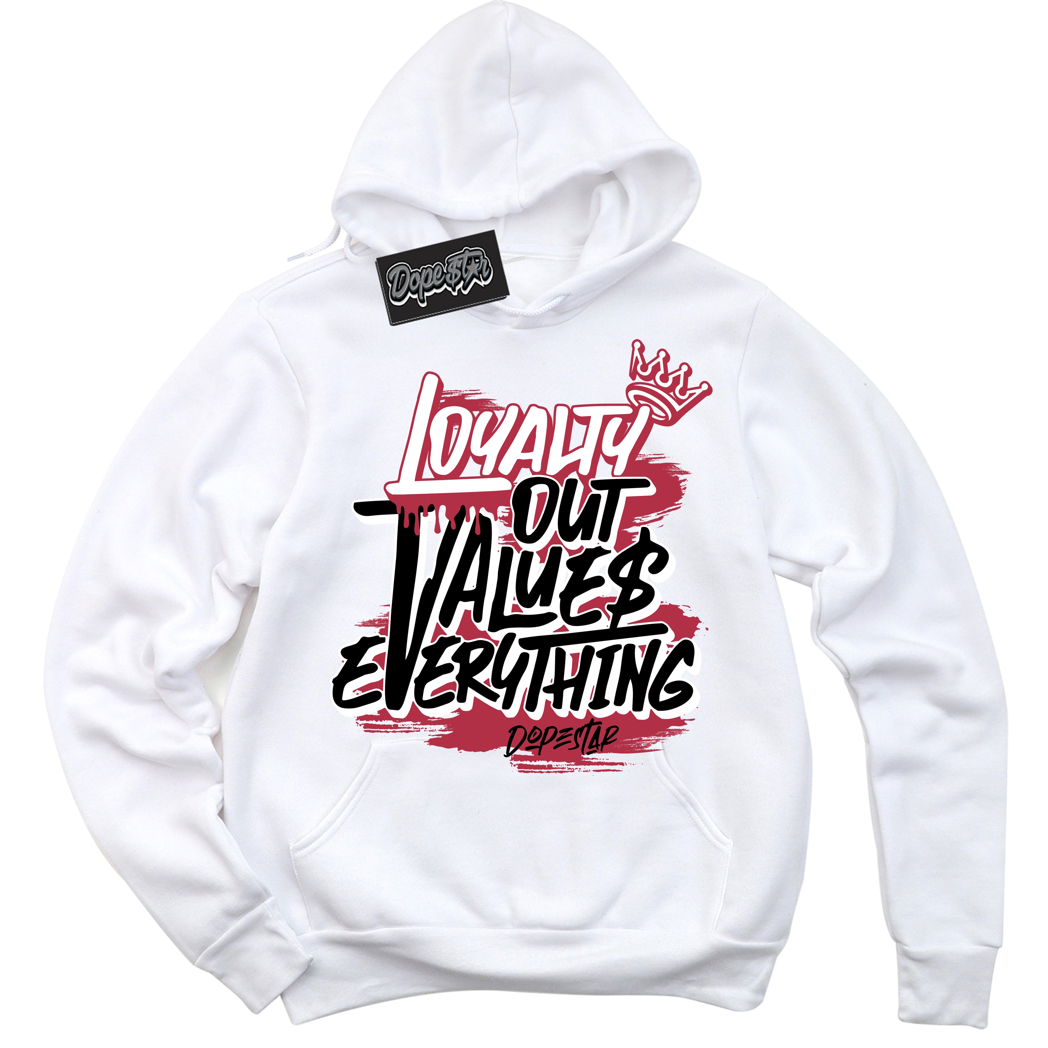 Cool White Hoodie with “ Loyalty Out Values Everything ”  design that Perfectly Matches FlyEase Black White Fire Red 1s Sneakers.