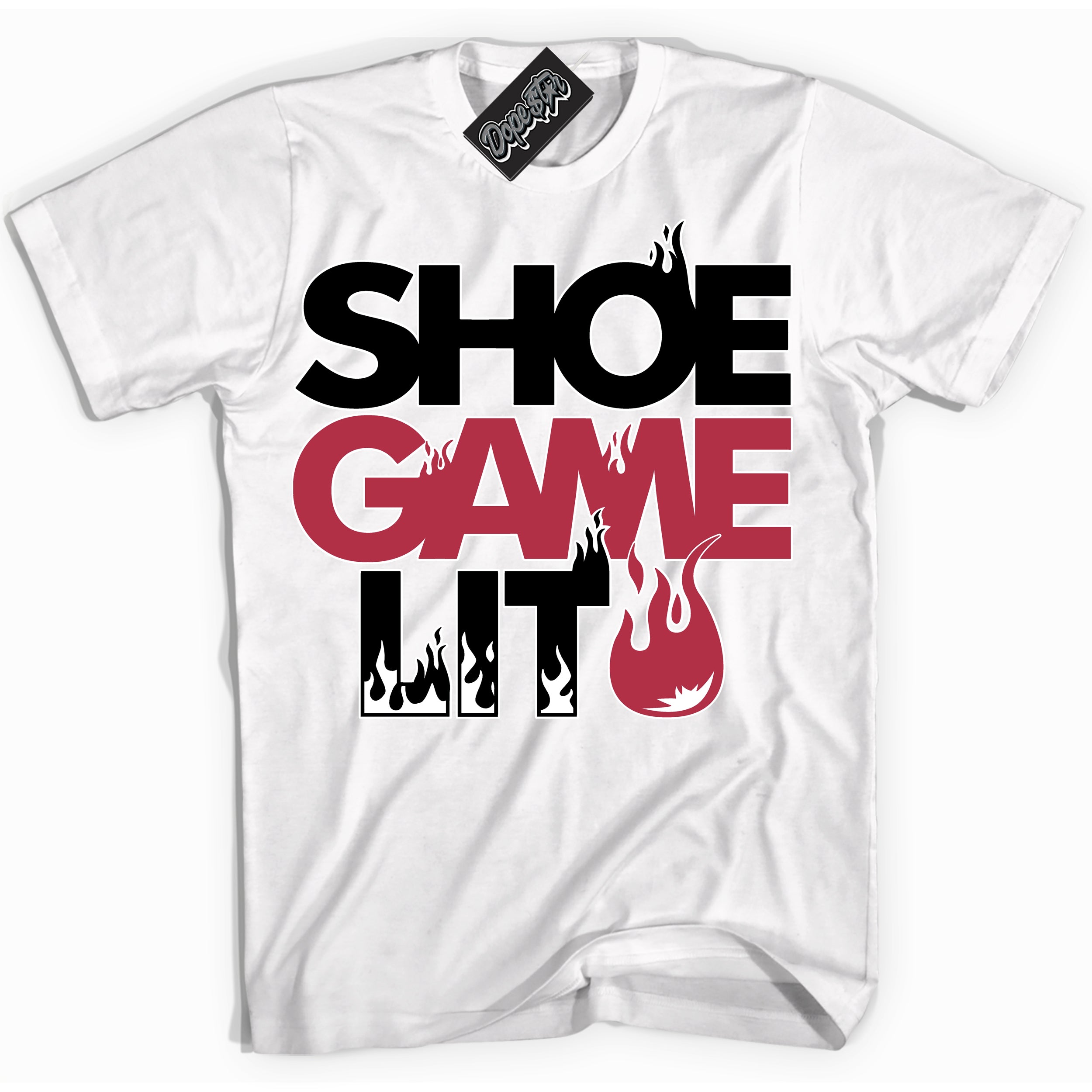 Cool White Shirt with “ Shoe Game Lit ” design that perfectly matches FlyEase Black White Fire Red 1s Sneakers.