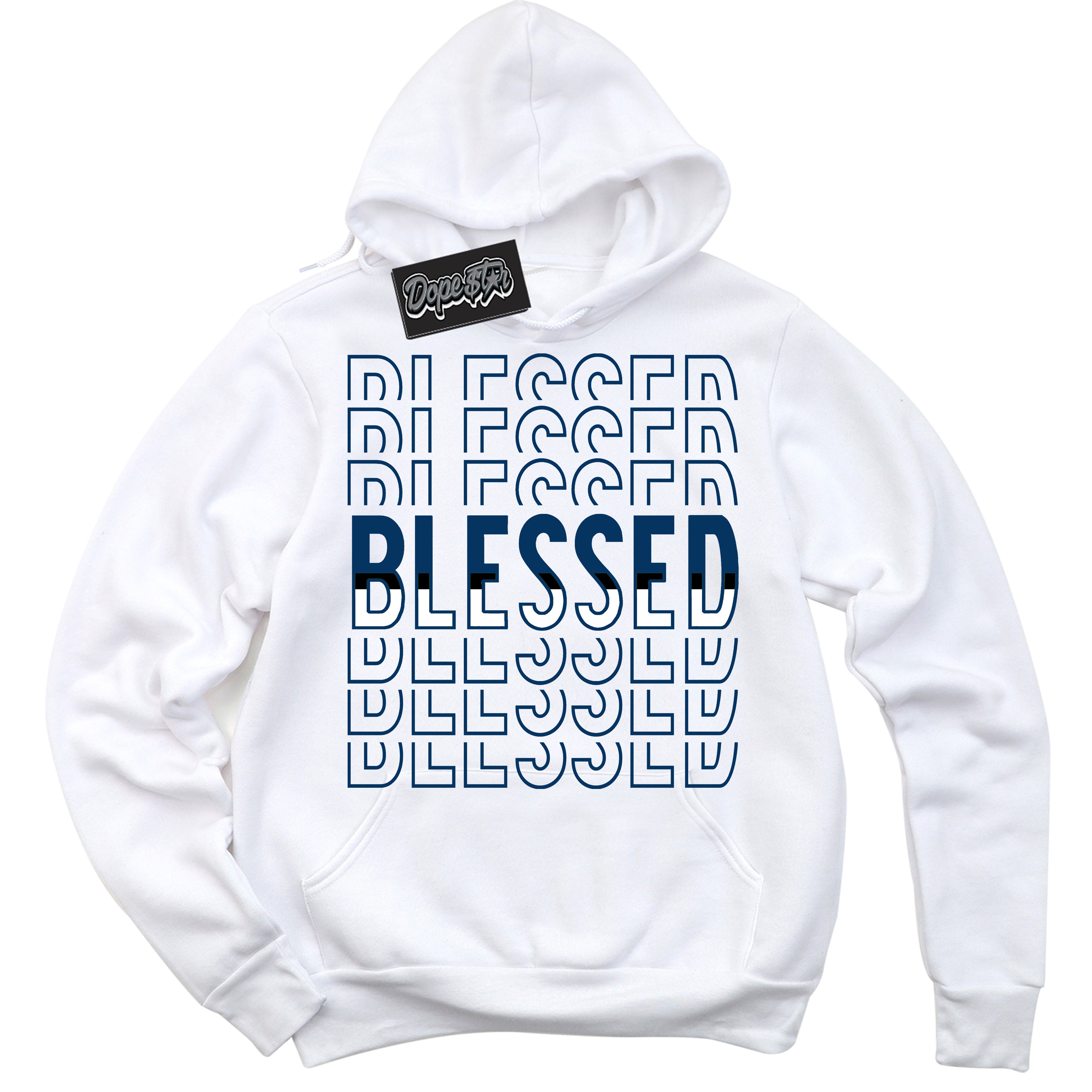 Cool White Hoodie with “Blessed Stacked” design that Perfectly Matches Midnight Navy 1s Jordans.