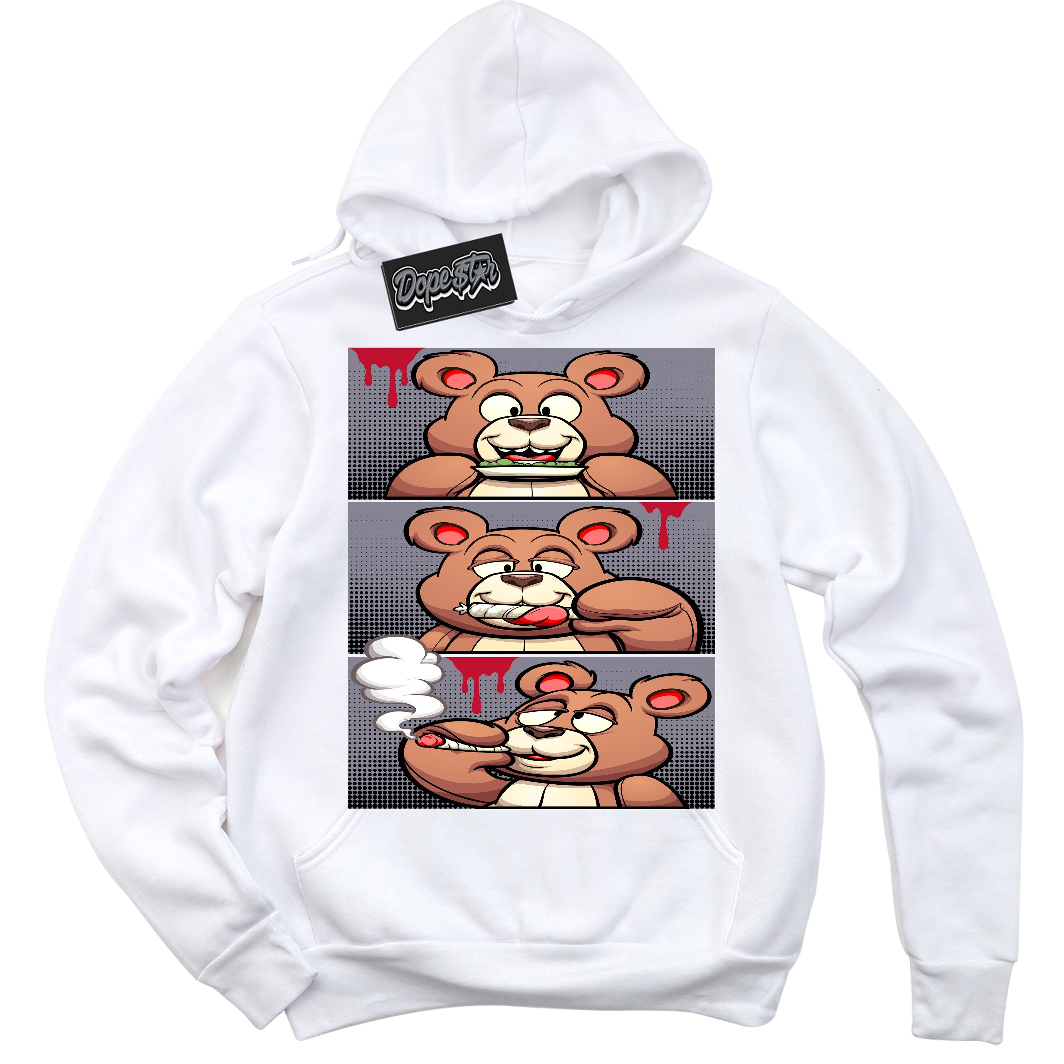 Cool White Hoodie with “ Roll It Lick It Smoke It Bear '' design that Perfectly Matches  Cement Grey Fire Red 1s Sneakers.