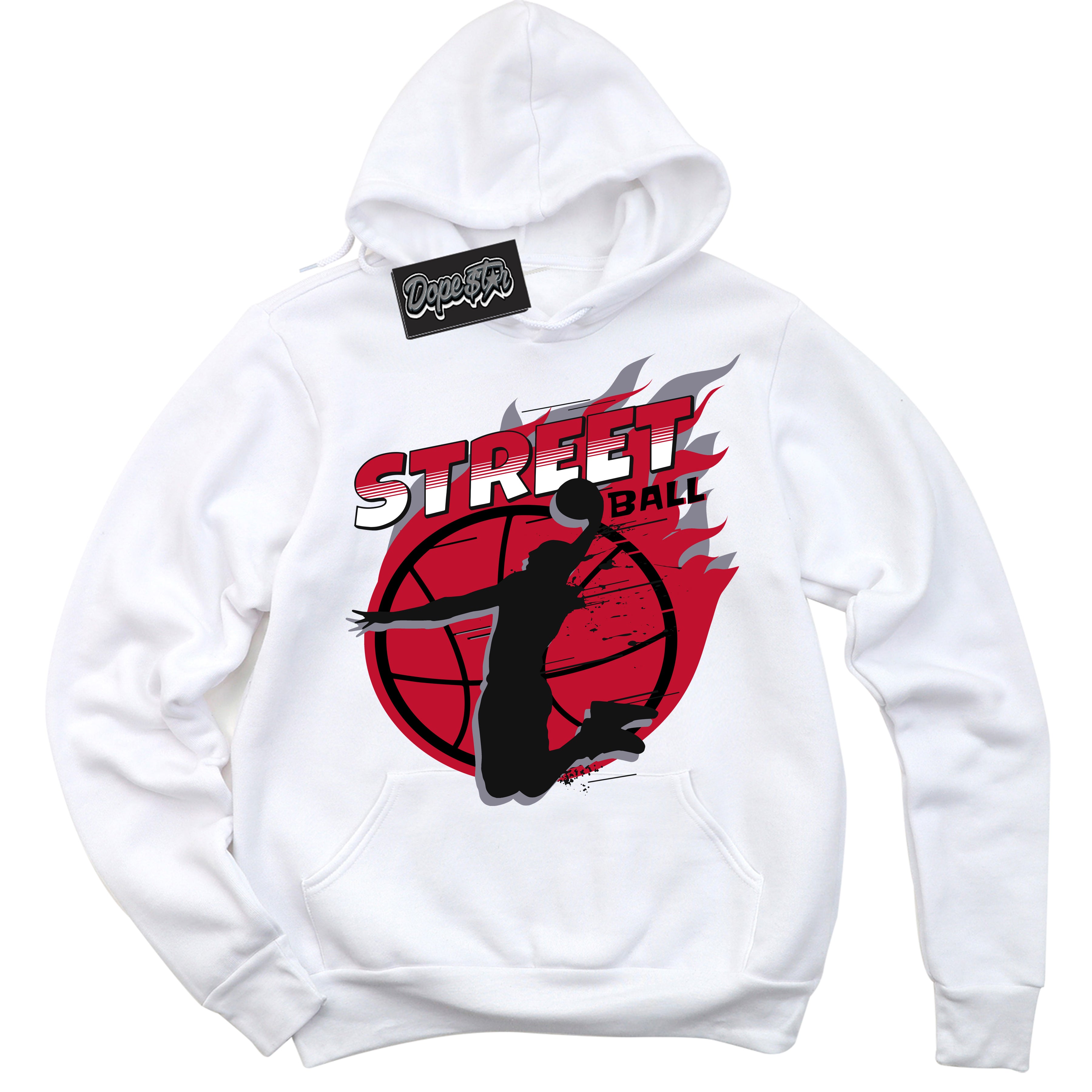 Cool White Hoodie with “ Street Ball '' design that Perfectly Matches  Cement Grey Fire Red 1s Sneakers.