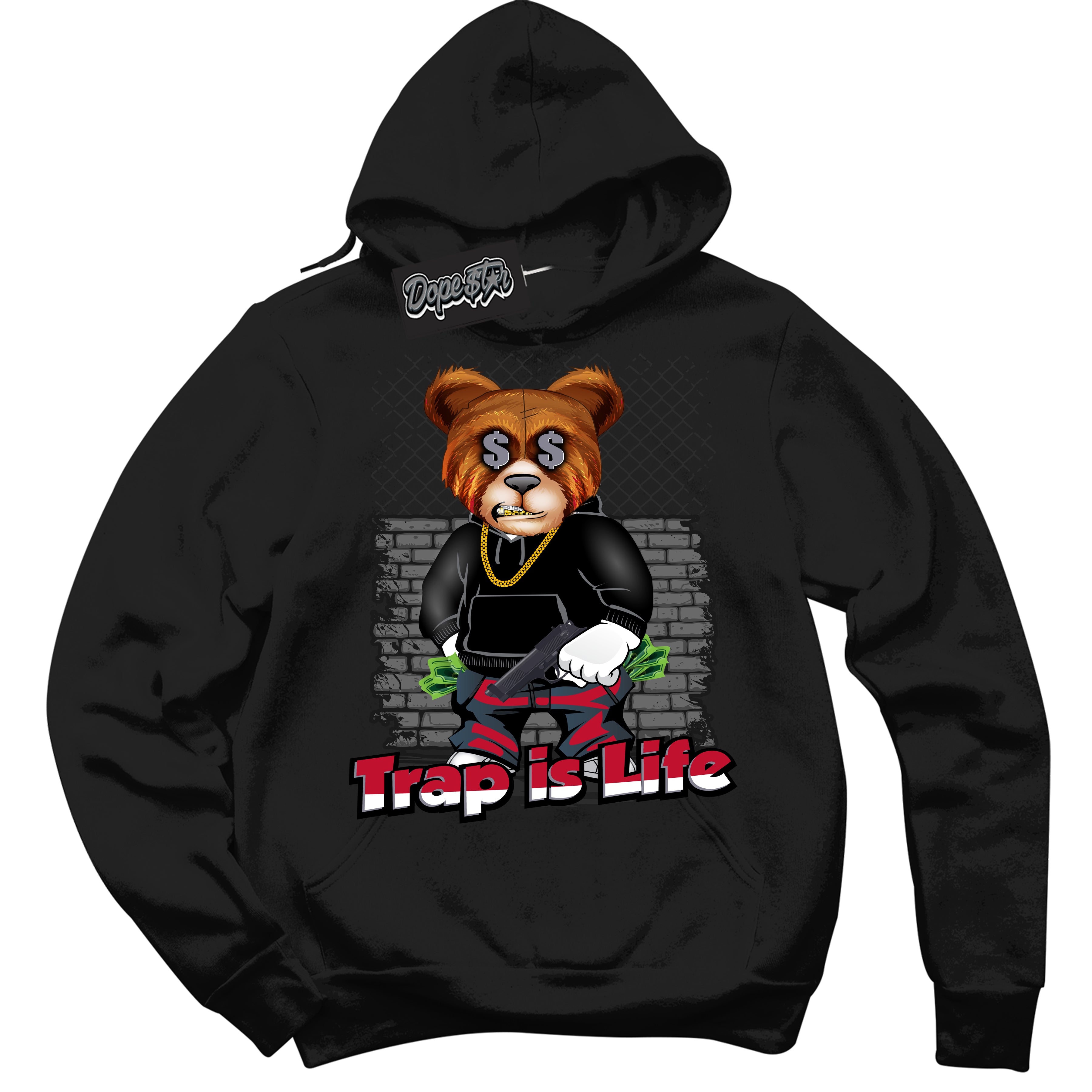 Cool Black Hoodie with “ Trap Is Life '' design that Perfectly Matches  Cement Grey Fire Red 1s Sneakers.