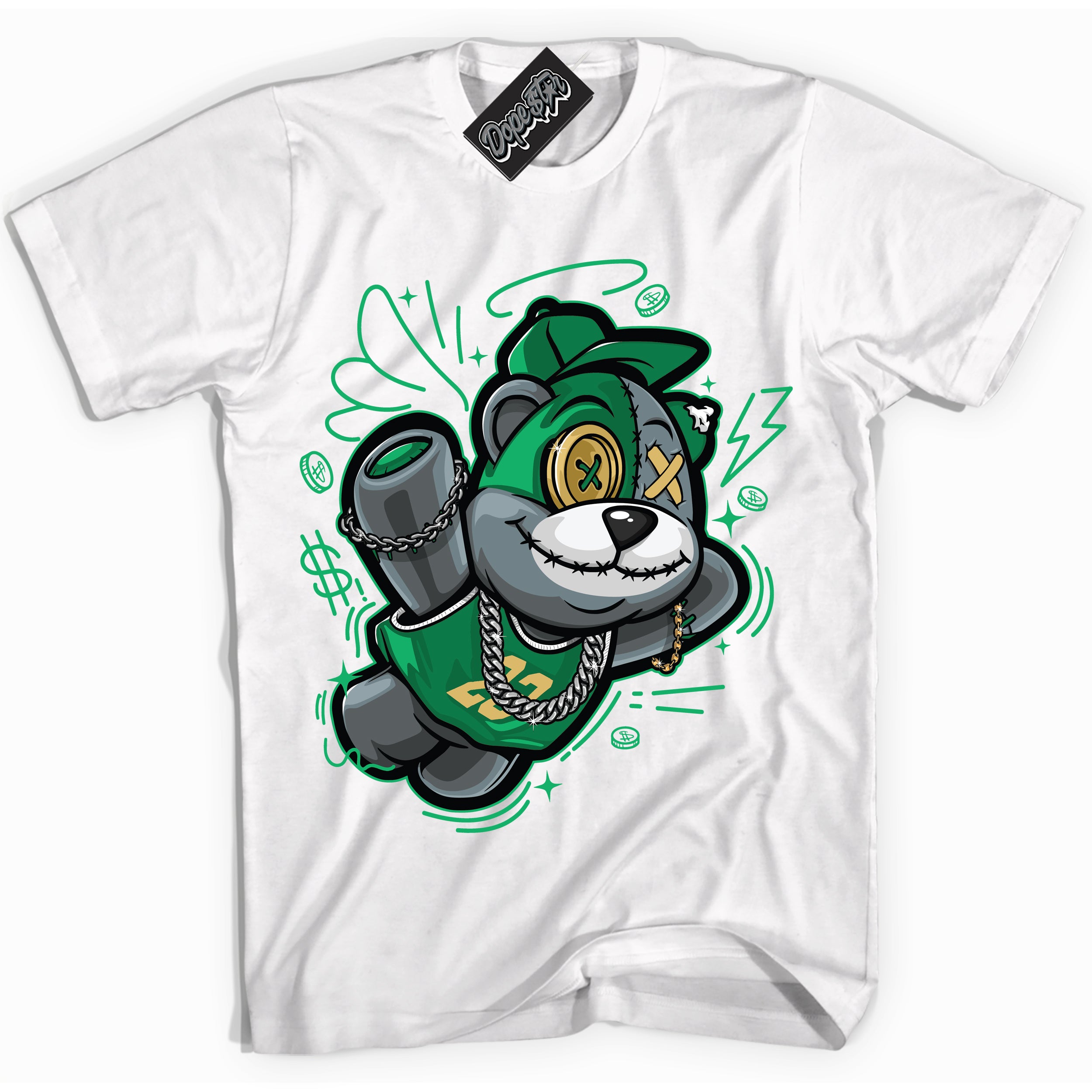 Cool White Shirt with “Slam Dunk Bear” design that perfectly matches the Method of Make Lucky Green 1s Jordans.
