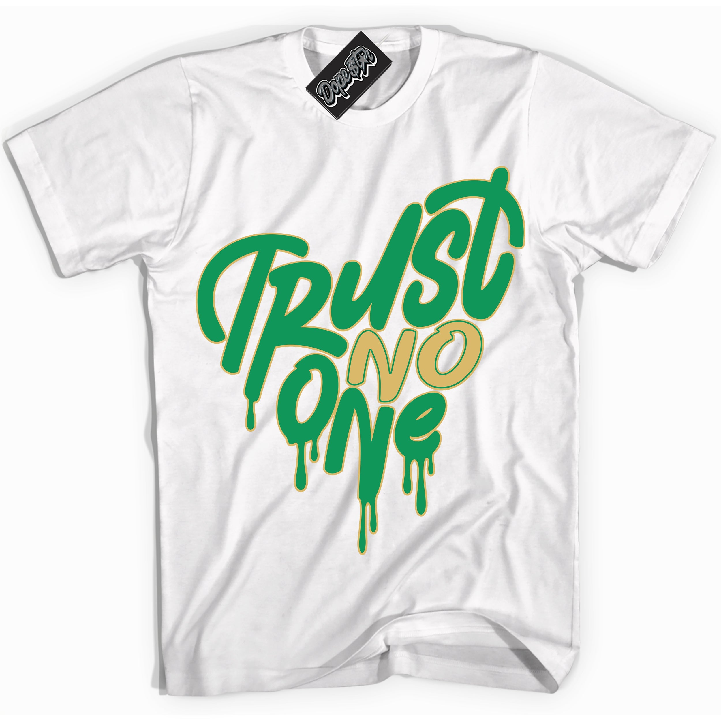 Cool White Shirt with “Trust No One Heart” design that perfectly matches the Method of Make Lucky Green 1s Jordans.