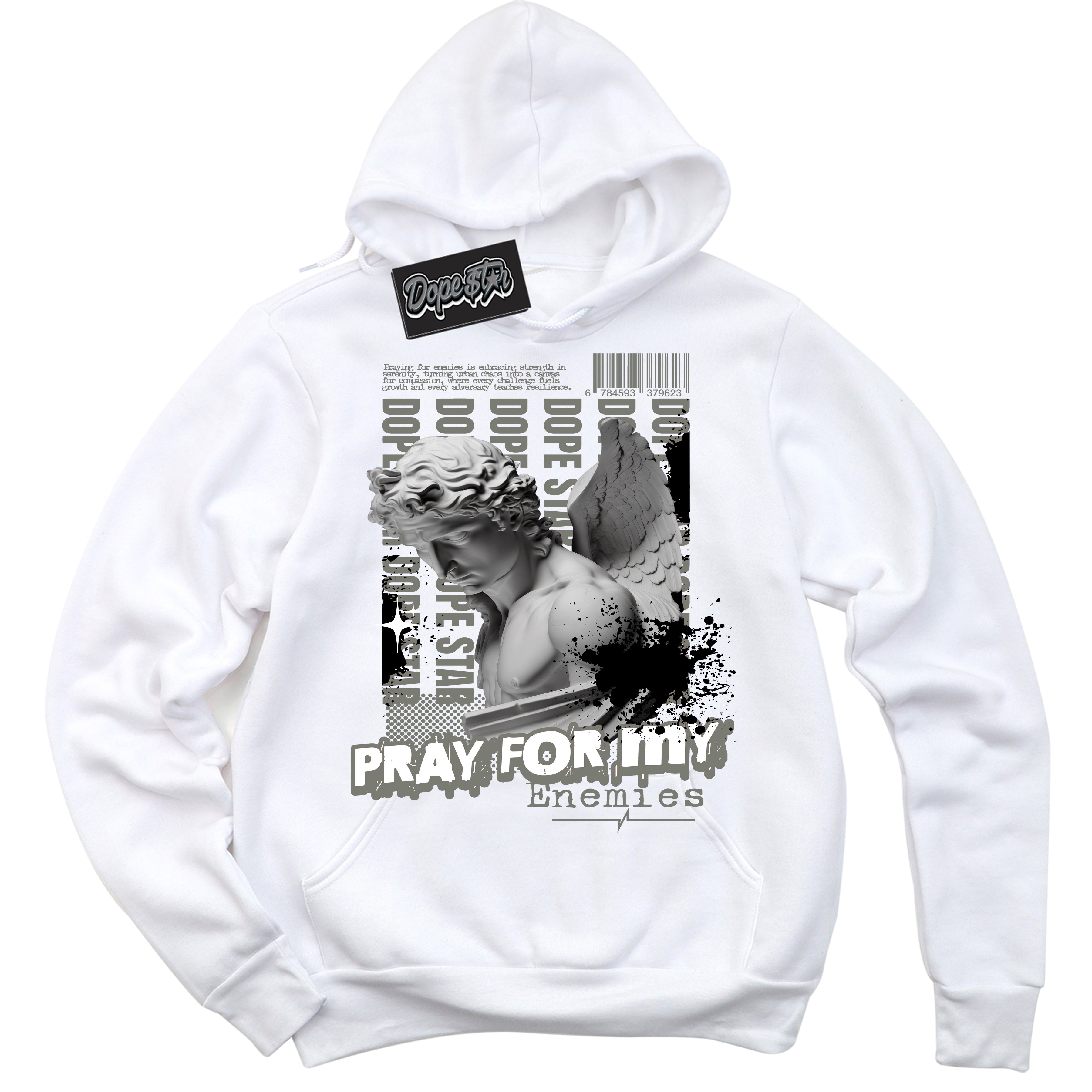 Cool White Hoodie with “ Pray Enemies ”  design that Perfectly Matches Shadow 1s Sneakers.