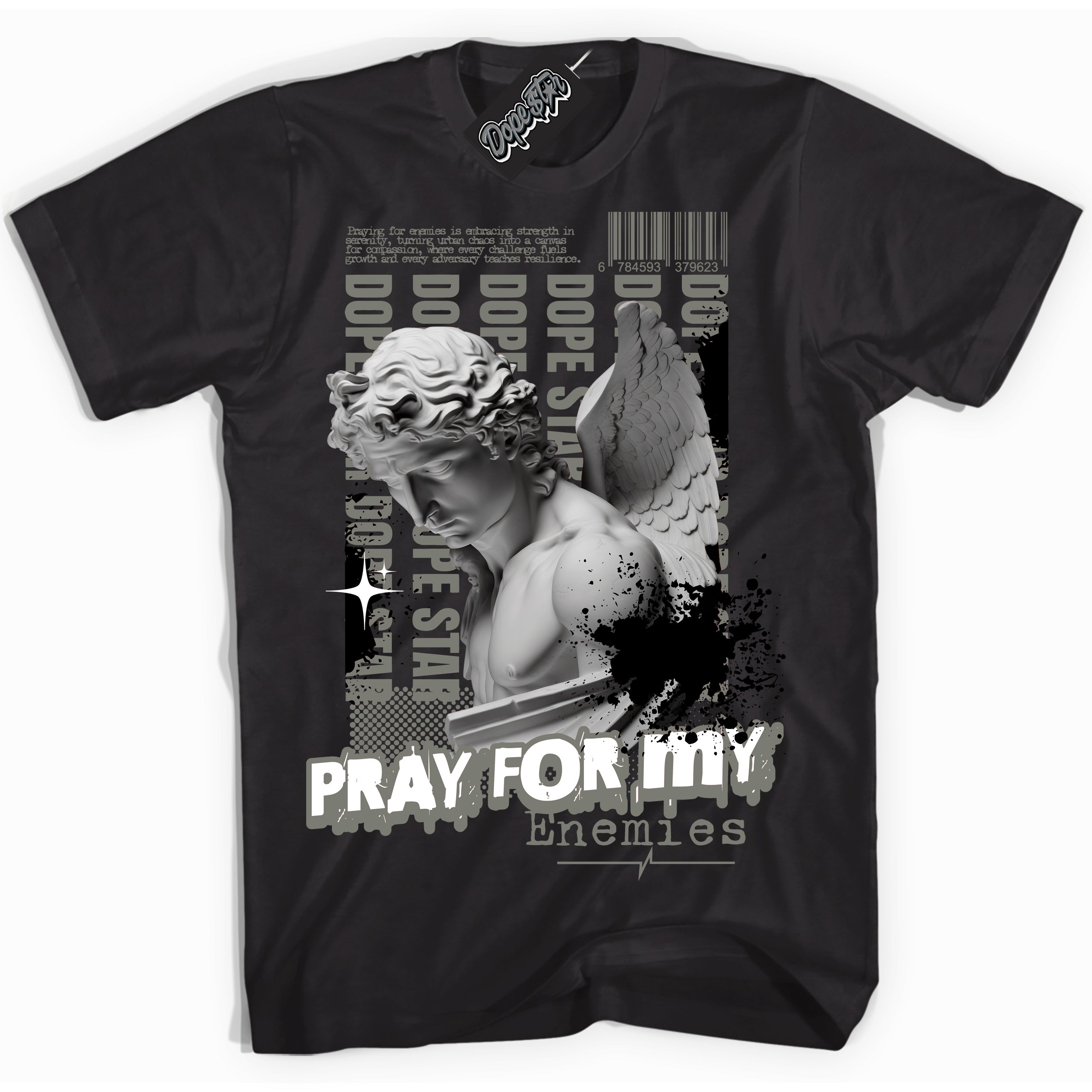 Cool Black Shirt with “ Pray Enemies” design that perfectly matches Shadow 1s Sneakers.