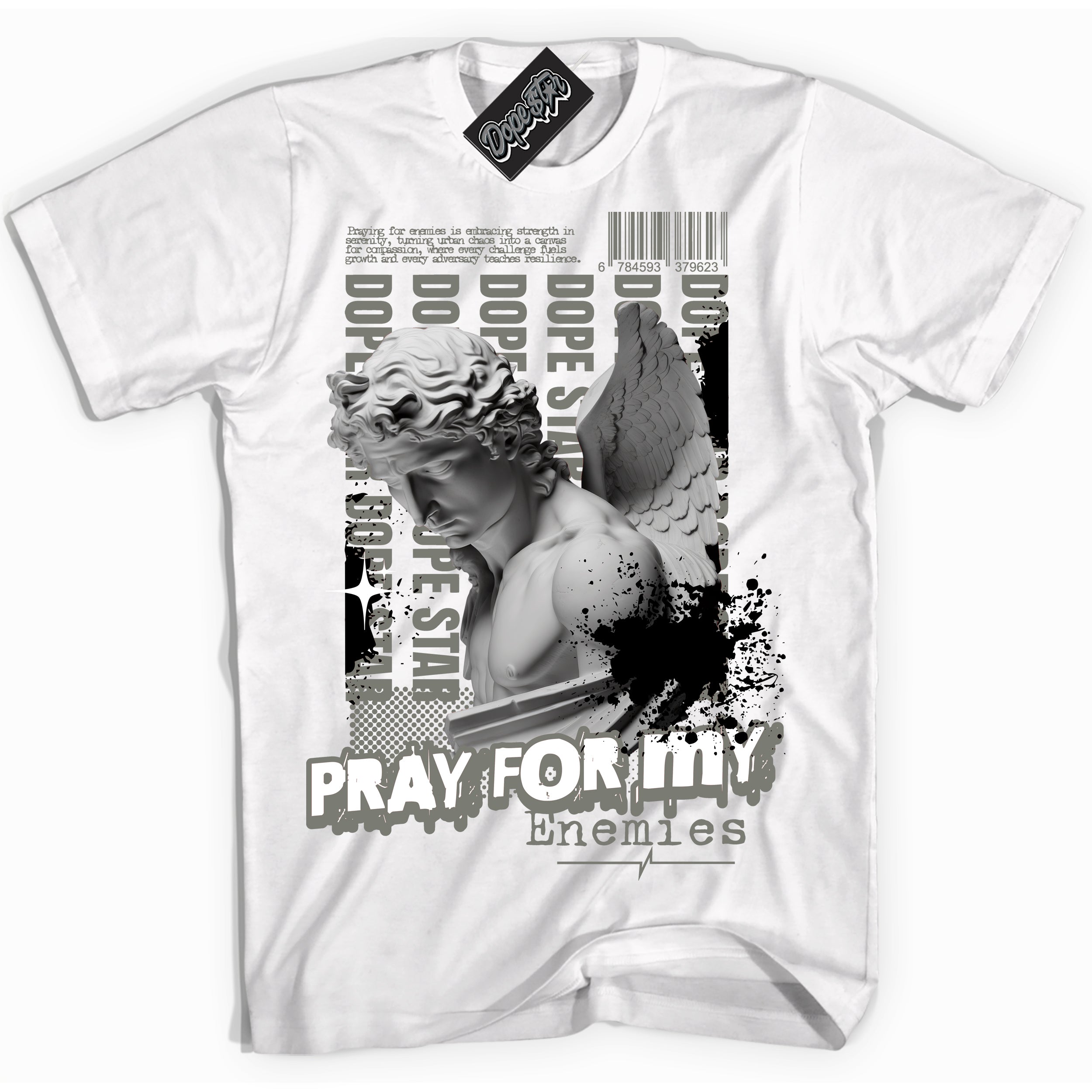 Cool White Shirt with “ Pray Enemies” design that perfectly matches Shadow 1s Sneakers.