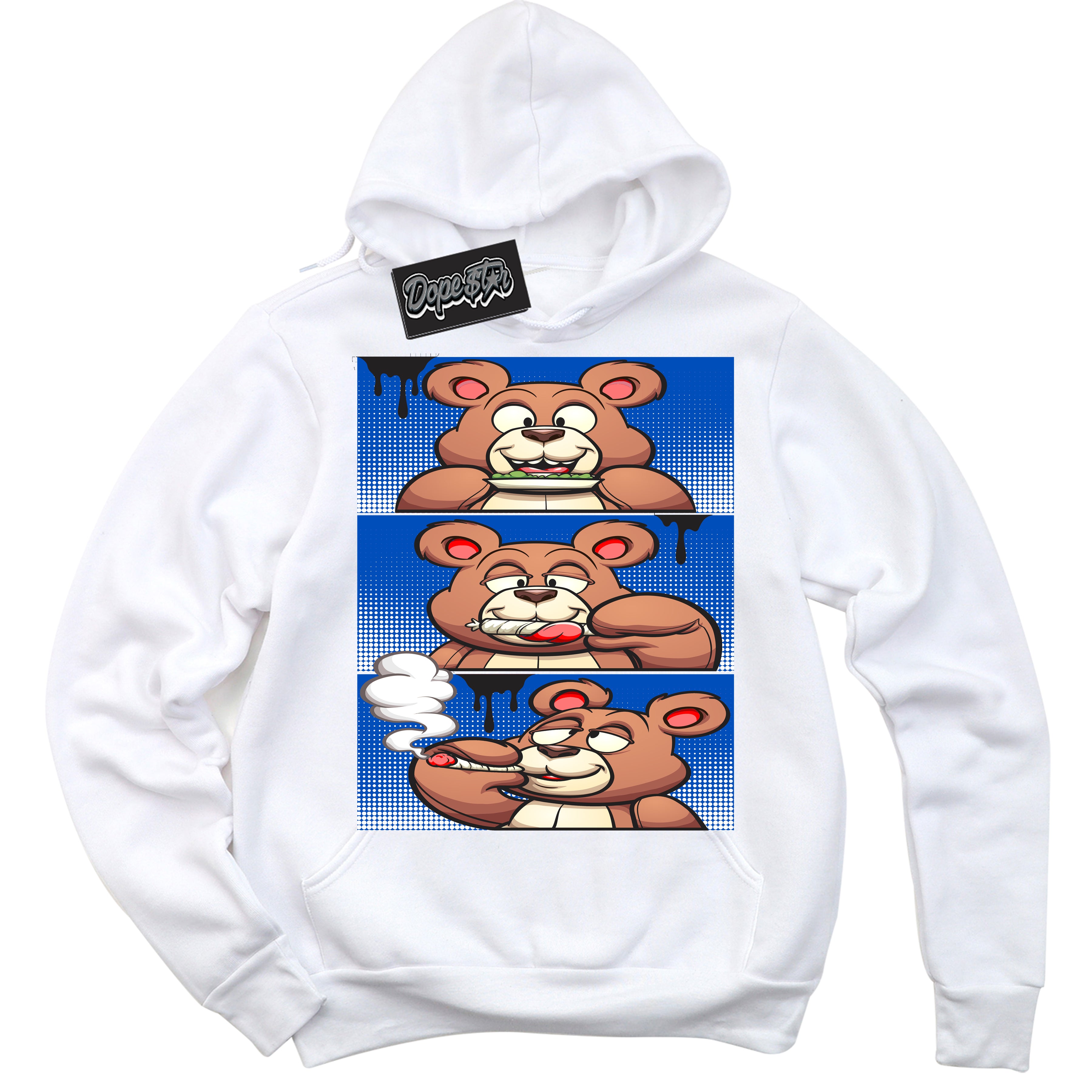 Cool White Hoodie with “ Roll It Lick It Smoke It Bear ”  design that Perfectly Matches Quai 54 1s Sneakers.