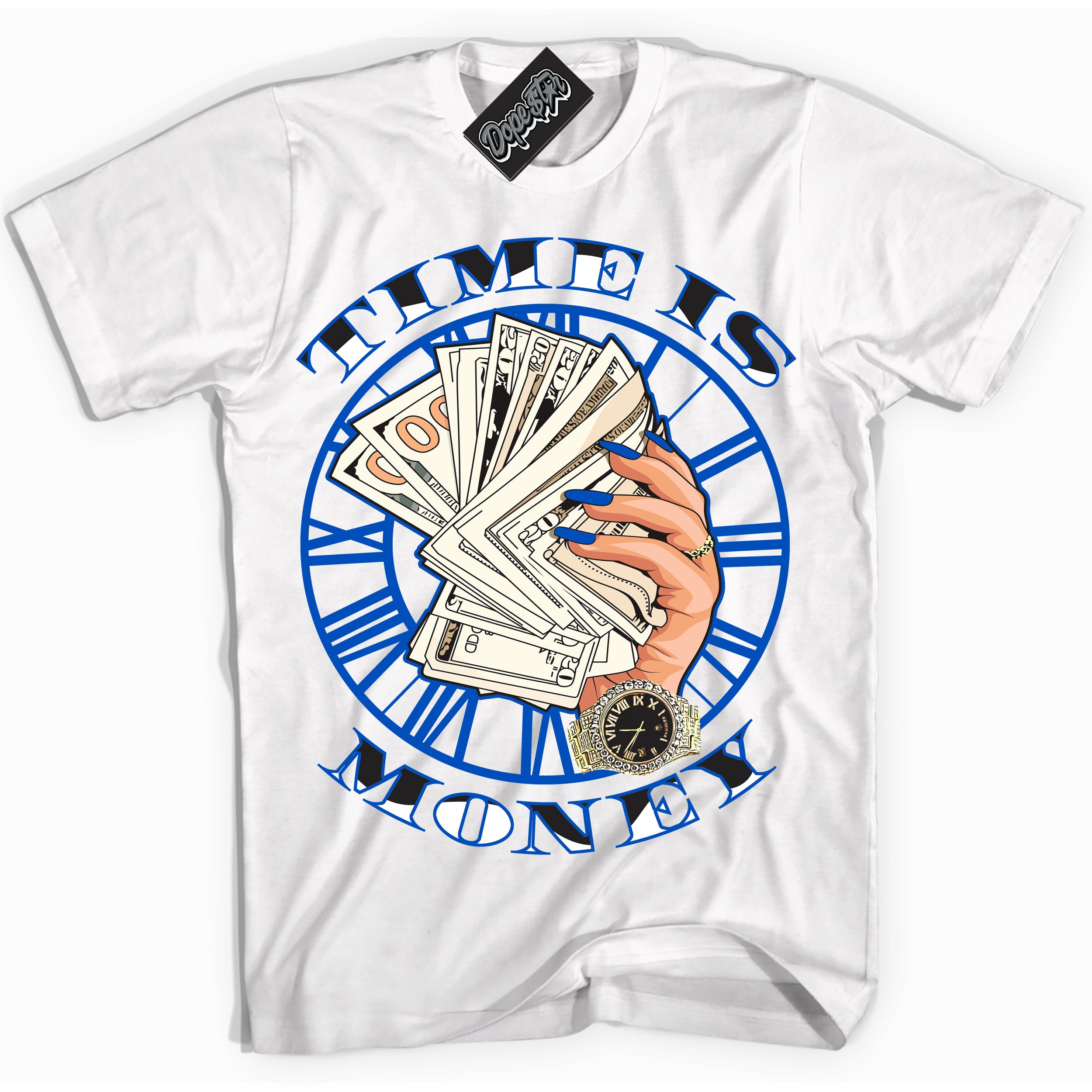 Cool White Shirt with “ Time Is Money” design that perfectly matches Quai 54 1s Sneakers.