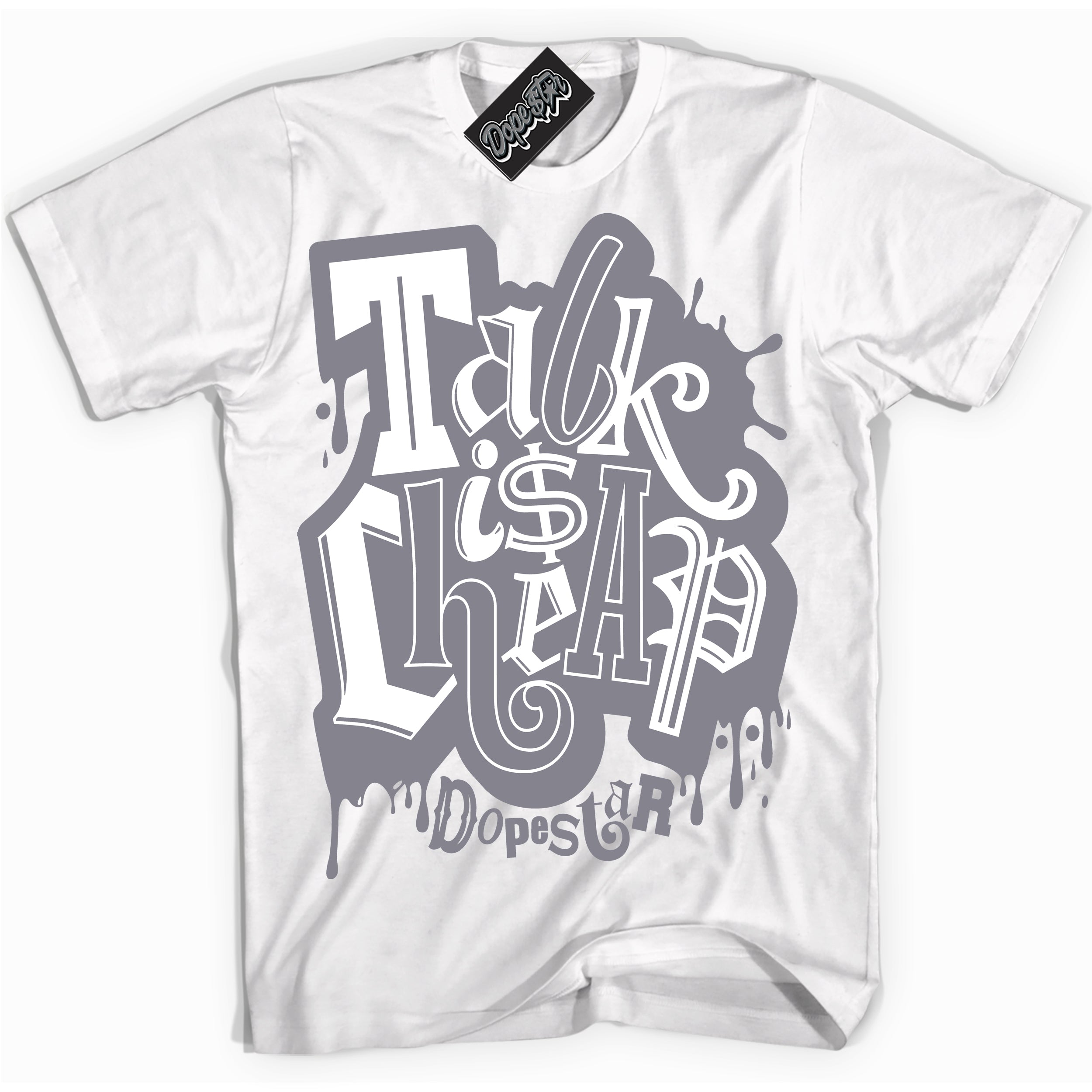 Cool White Shirt with “ Talk Is Cheap” design that perfectly matches Vintage Stealth Grey 1s Sneakers.