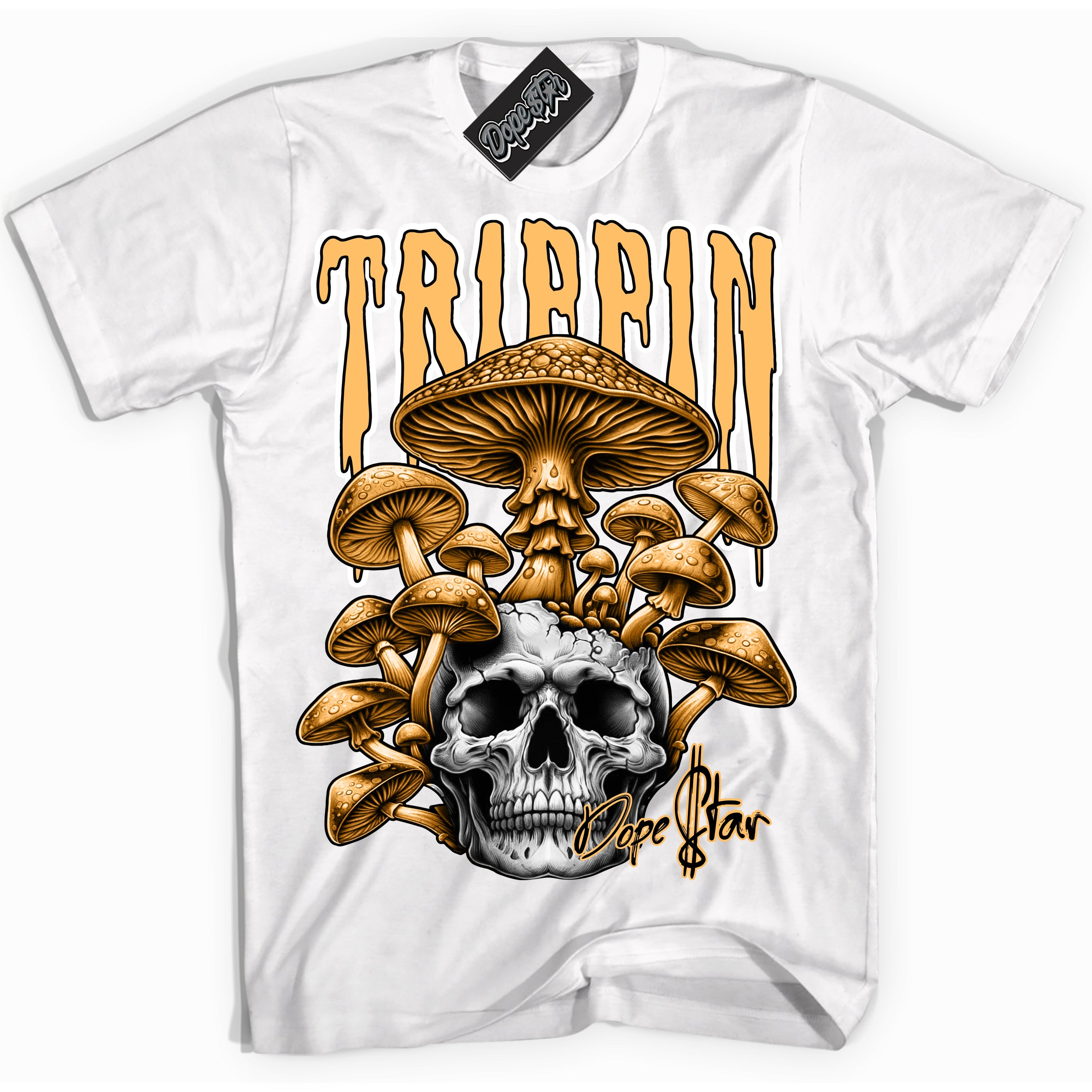 Cool White Shirt with “Trippin” design that perfectly matches the Yellow Ochre 1s Sneakers.