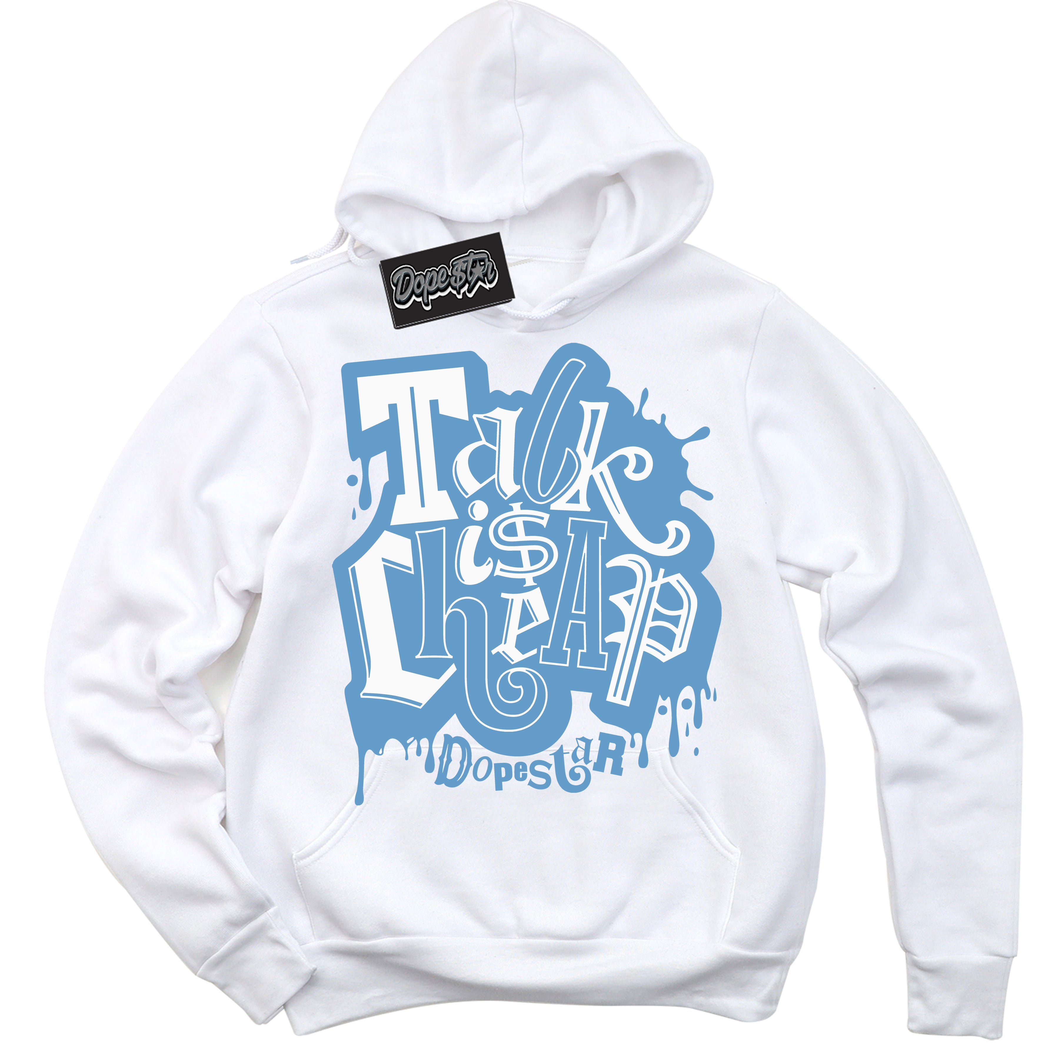 AJ1 Mid Legend Blue ‘Talk Is Cheap’ – White Streetwear Hoodie | Sneaker Matching sweatshirt for AJ1 Mid Legend Blue | Men's and Women's Streetwear Graphic Hoodie by Sneaker Shirts Outlet.
