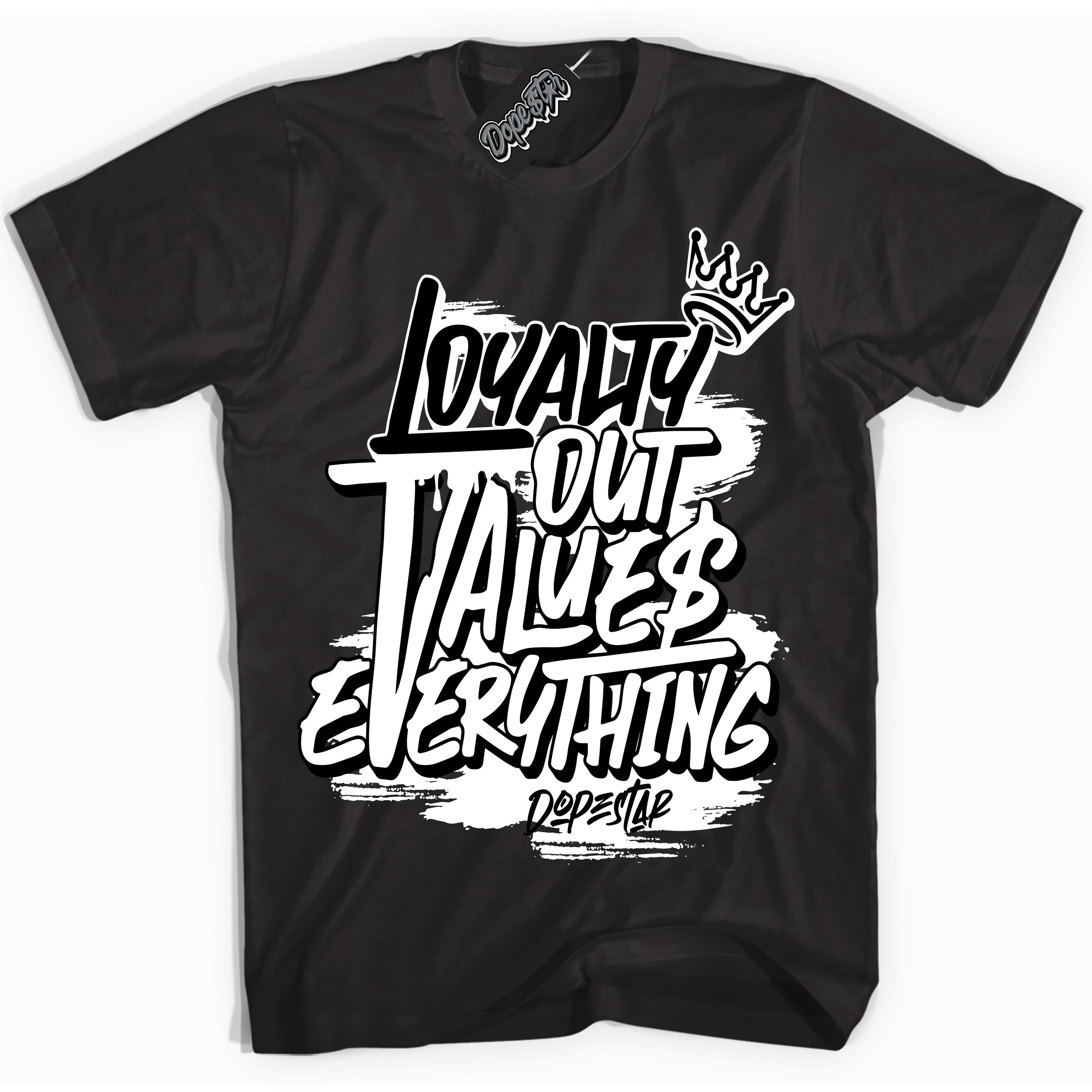 AJ1 Mid Off Noir Toe ‘Loyalty Out Values Everything’ – Black Streetwear T-Shirt | Sneaker Matching shirt for AJ1 Mid Off Noir Toe | Men's and Women's Streetwear Graphic Tee by Sneaker Shirts Outlet.
