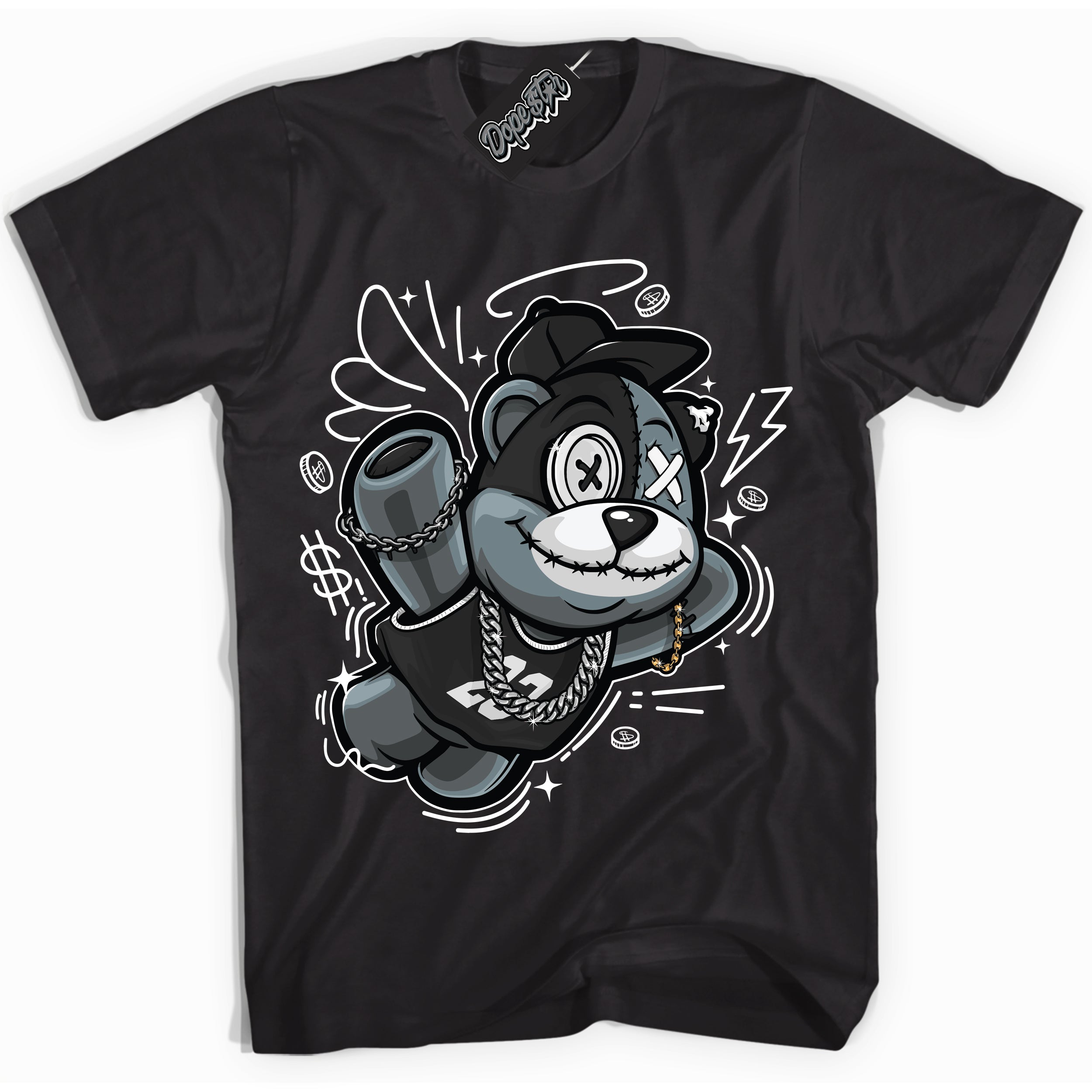 AJ1 Mid Off Noir Toe ‘Slam Dunk Bear’ – Black Streetwear T-Shirt | Sneaker Matching shirt for AJ1 Mid Off Noir Toe | Men's and Women's Streetwear Graphic Tee by Sneaker Shirts Outlet.
