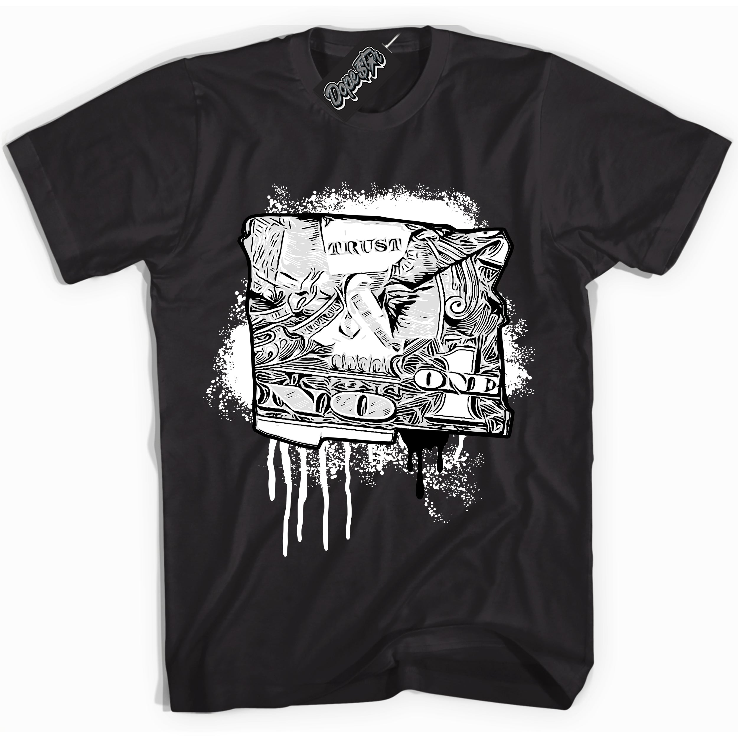 AJ1 Mid Off Noir Toe ‘Trust No One Dollar’ – Black Streetwear T-Shirt | Sneaker Matching shirt for AJ1 Mid Off Noir Toe | Men's and Women's Streetwear Graphic Tee by Sneaker Shirts Outlet.

