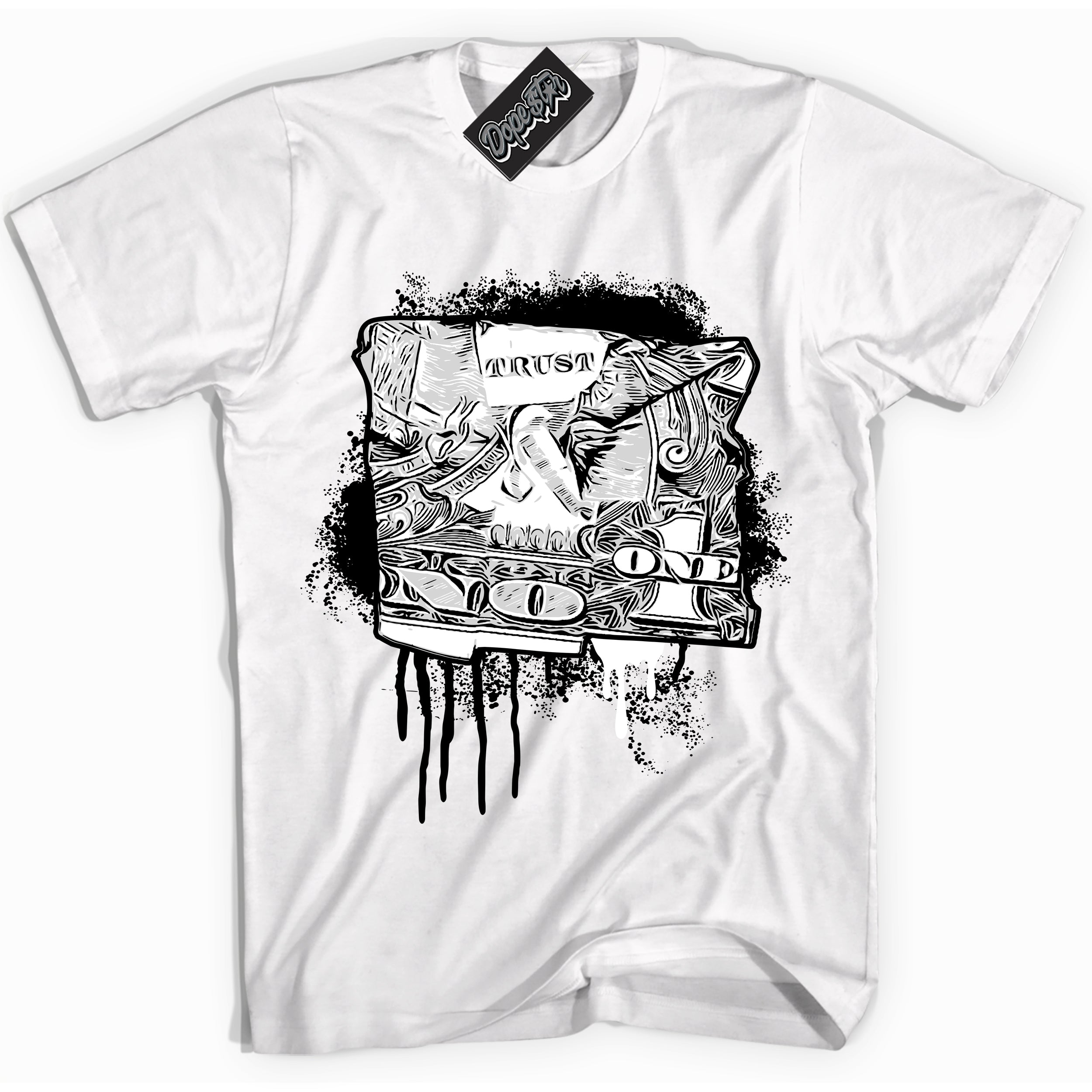 AJ1 Mid Off Noir Toe ‘Trust No One Dollar’ – White Streetwear T-Shirt | Sneaker Matching shirt for AJ1 Mid Off Noir Toe | Men's and Women's Streetwear Graphic Tee by Sneaker Shirts Outlet.
