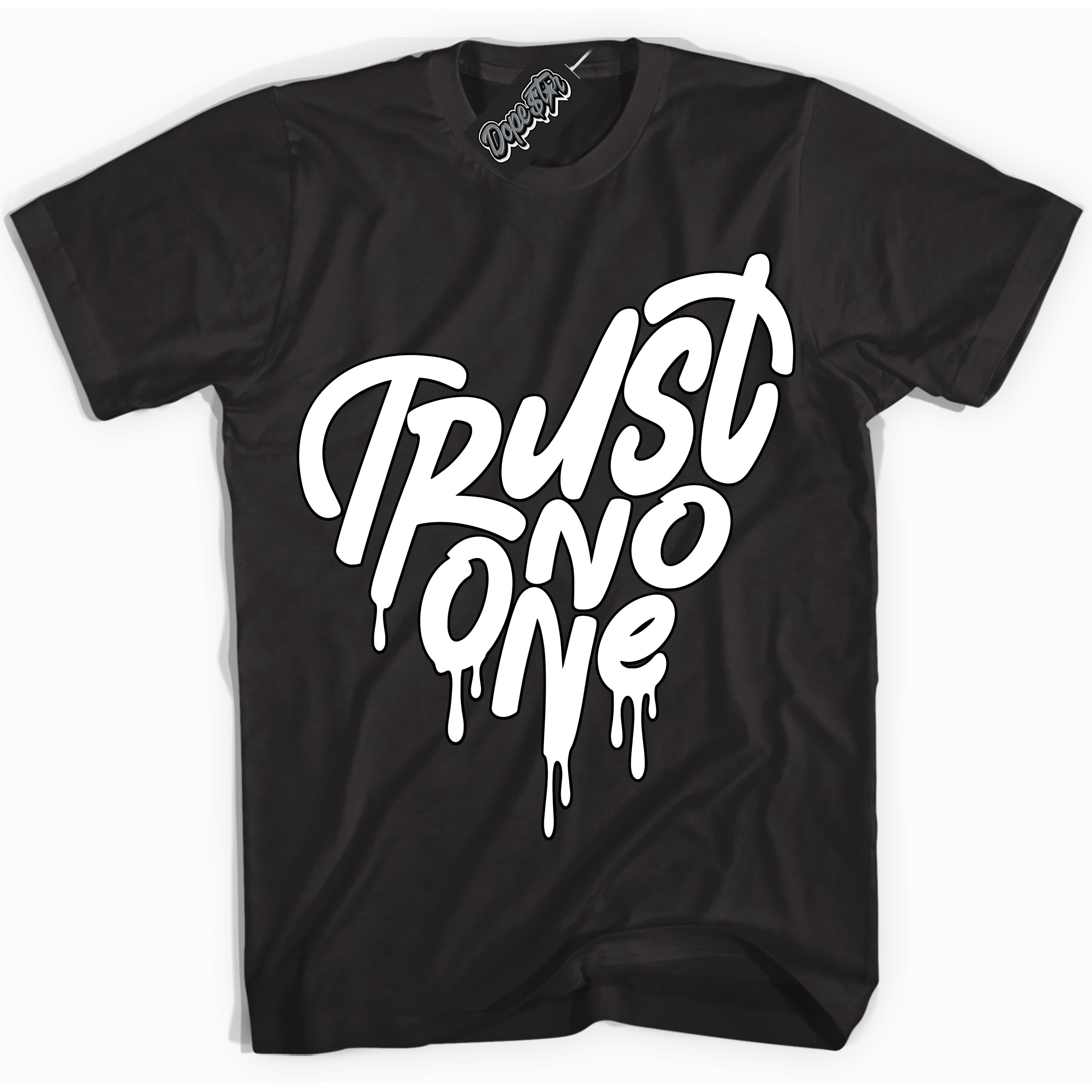 AJ1 Mid Off Noir Toe ‘Trust No One Heart’ – Black Streetwear T-Shirt | Sneaker Matching shirt for AJ1 Mid Off Noir Toe | Men's and Women's Streetwear Graphic Tee by Sneaker Shirts Outlet.
