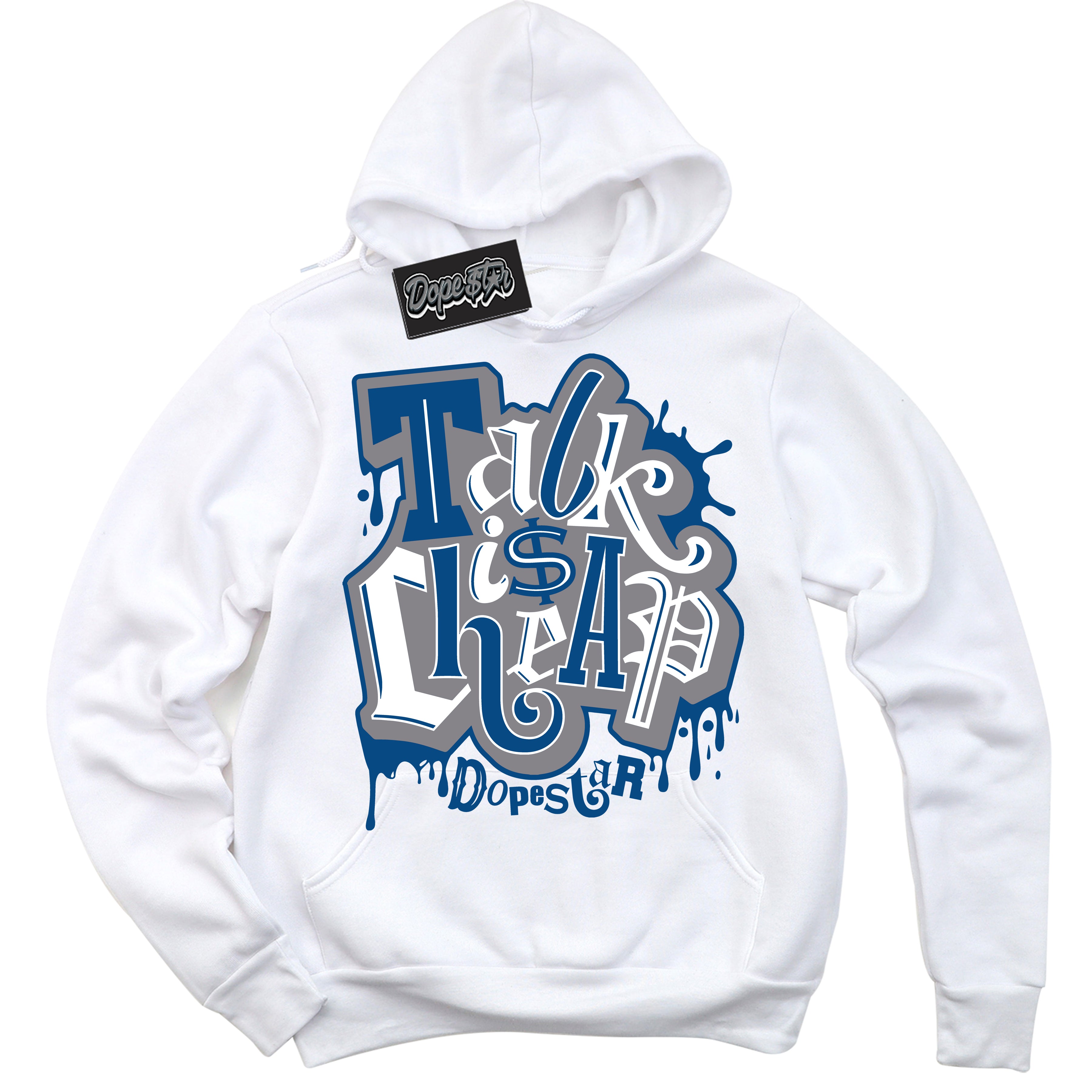 Cool White Hoodie with “ Talk Is Cheap ”  design that Perfectly Matches Mid True Blue 1s Sneakers.