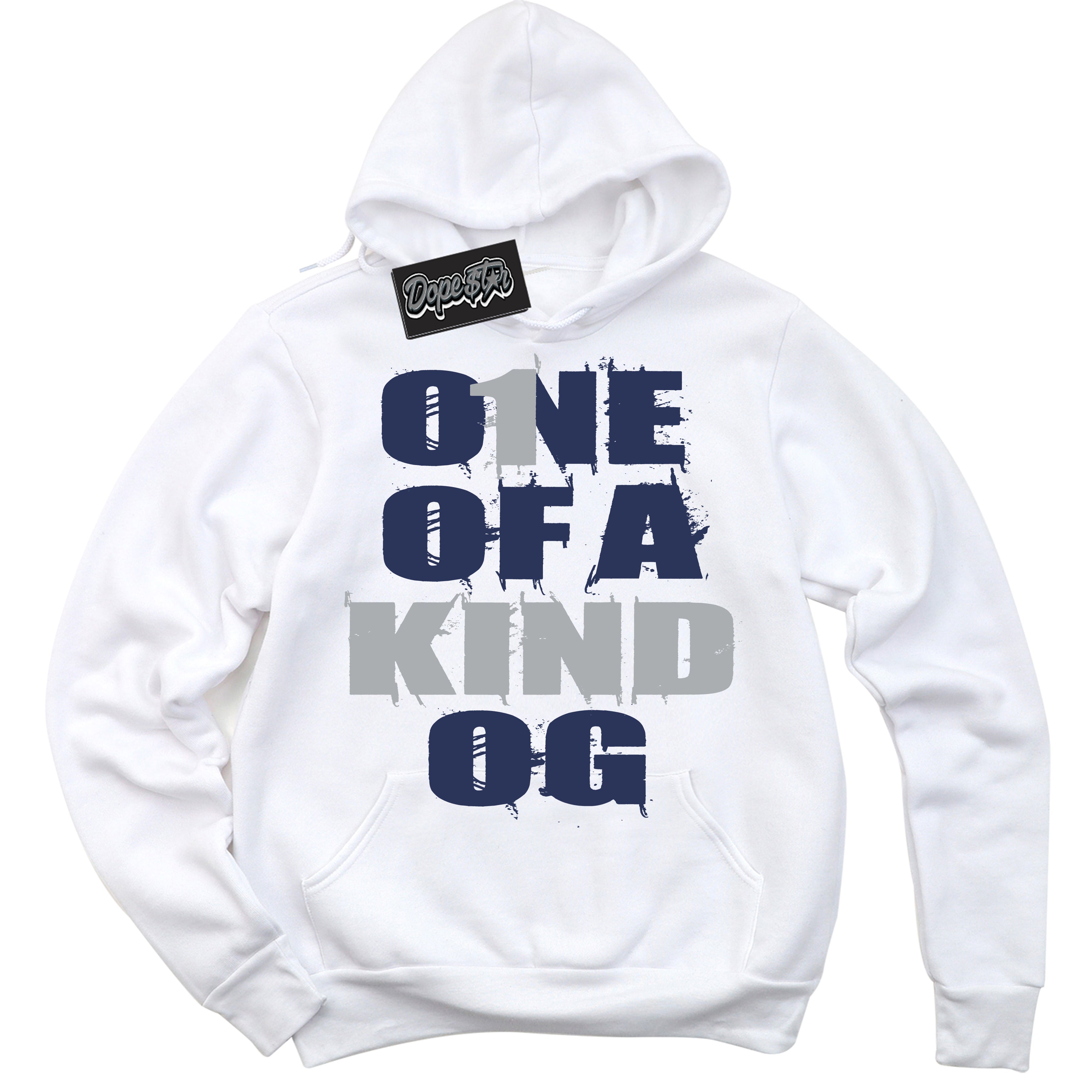 Cool White Hoodie with “One Of A Kind” design that Perfectly Matches Wolf Grey Midnight Navy 1s Jordans.