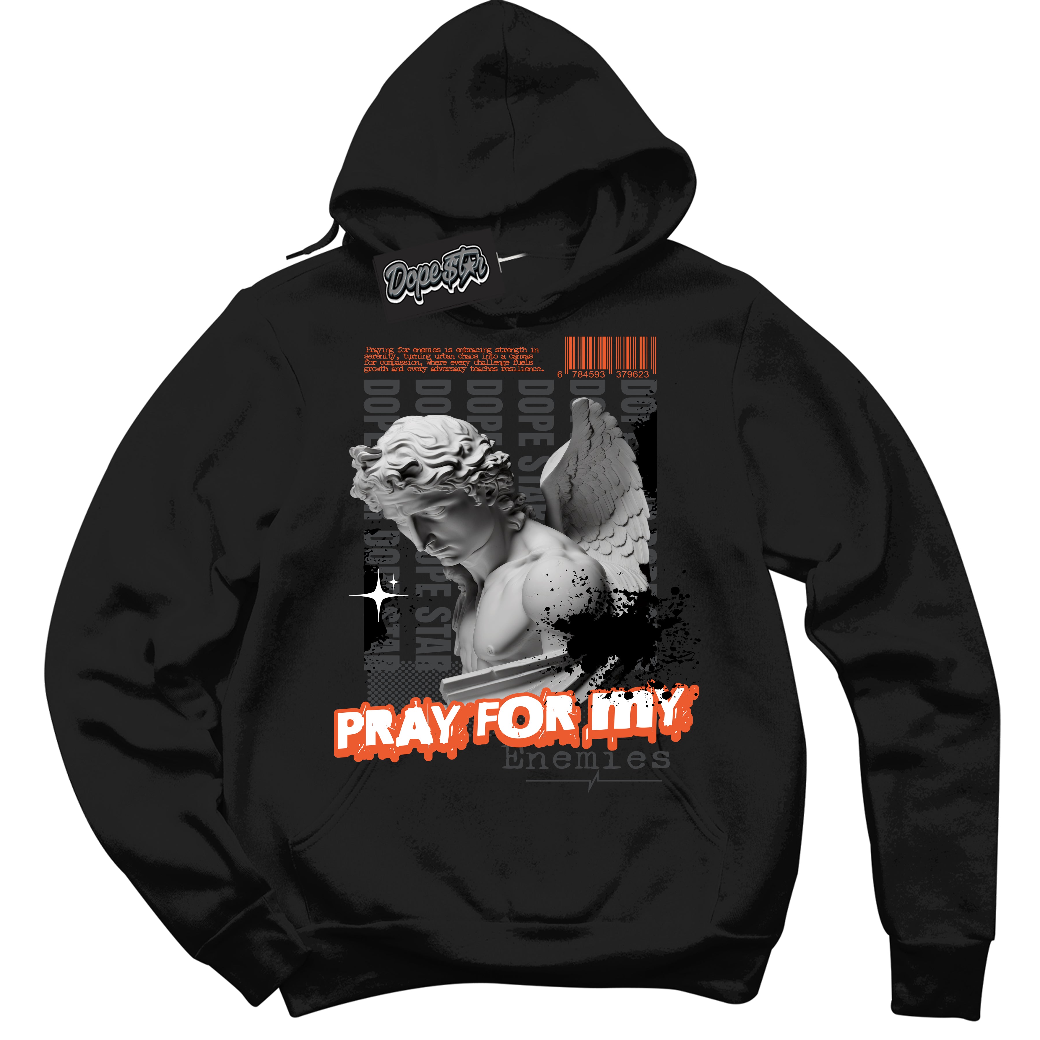 Cool Black Hoodie with “ Pray Enemies ”  design that Perfectly Matches Stash 1s Sneakers.