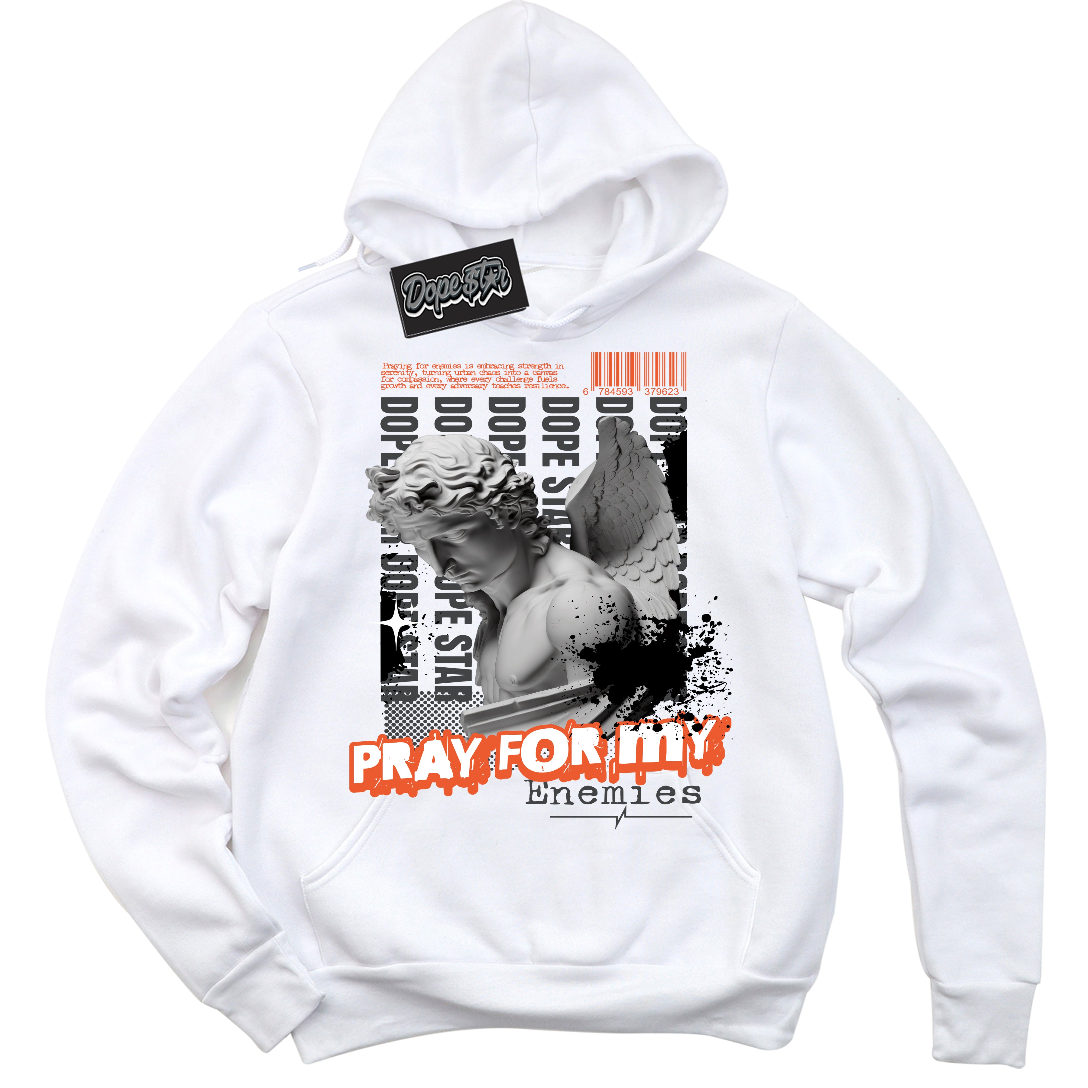 Cool White Hoodie with “ Pray Enemies ”  design that Perfectly Matches Stash 1s Sneakers.