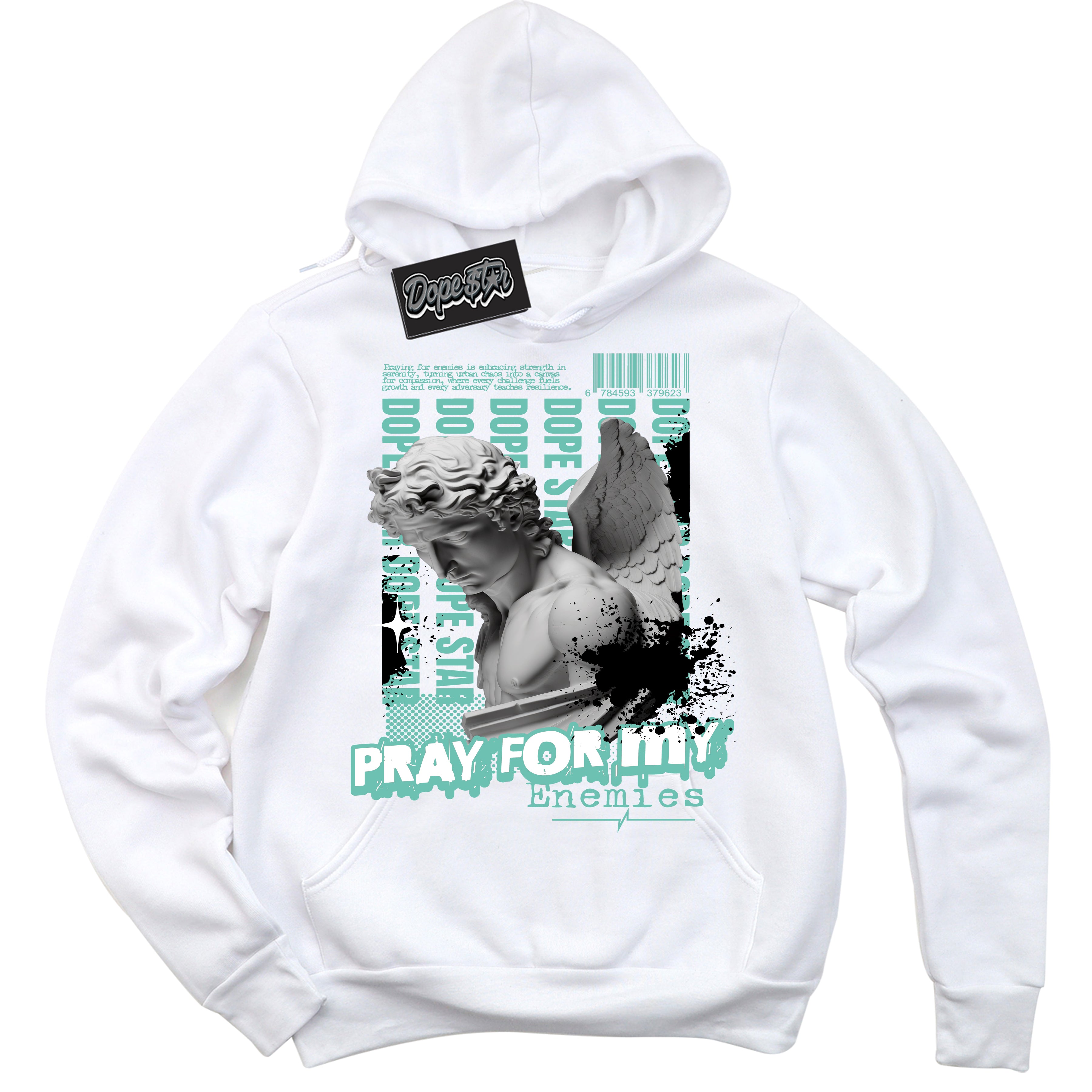 Cool White Hoodie with “ Pray Enemies ”  design that Perfectly Matches Green Glow 1s Sneakers.