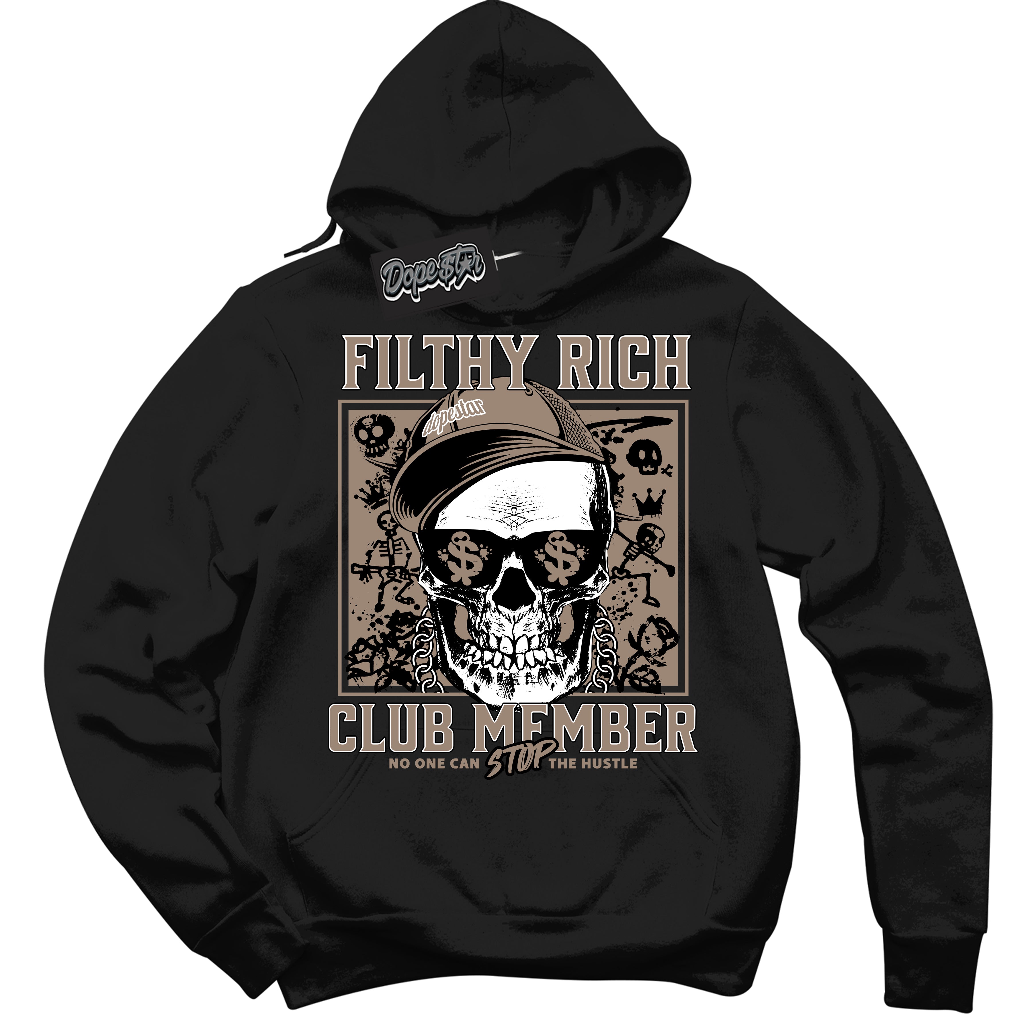 Cool Black Hoodie with “ Filthy Rich ”  design that Perfectly Matches Latte 1s Sneakers.