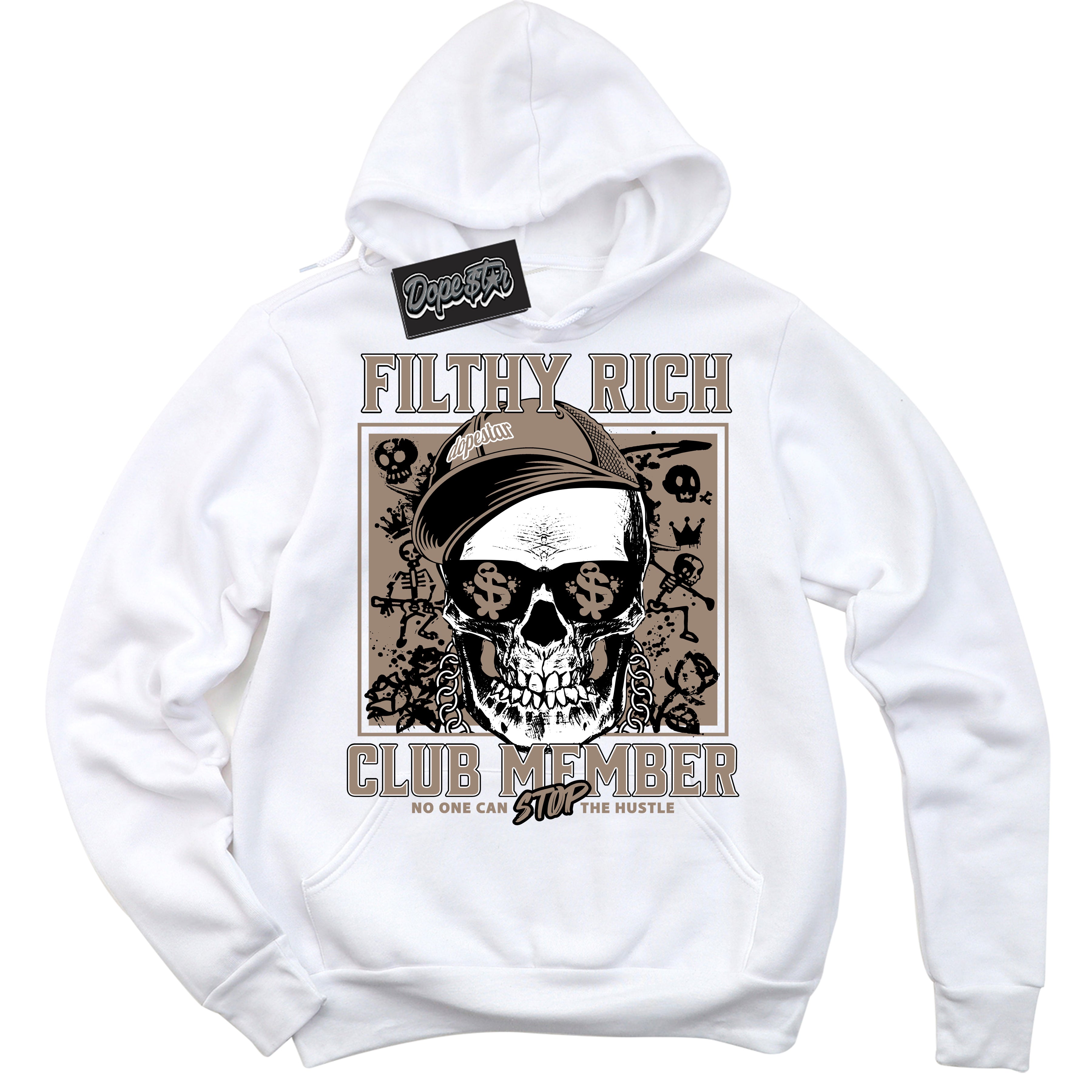 Cool White Hoodie with “ Filthy Rich ”  design that Perfectly Matches Latte 1s Sneakers.
