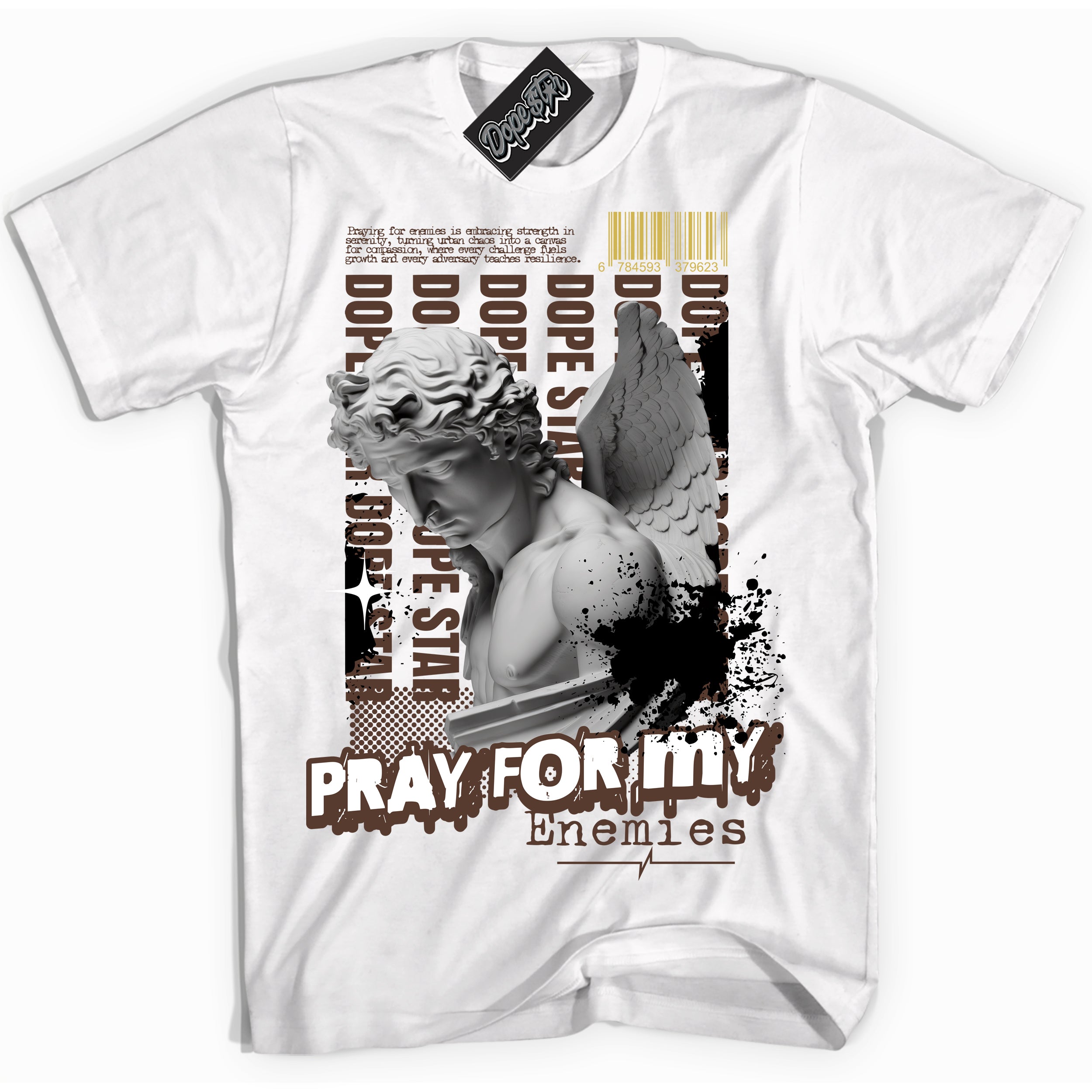 Cool White Shirt with “ Pray Enemies” design that perfectly matches Palomino 1s Sneakers.