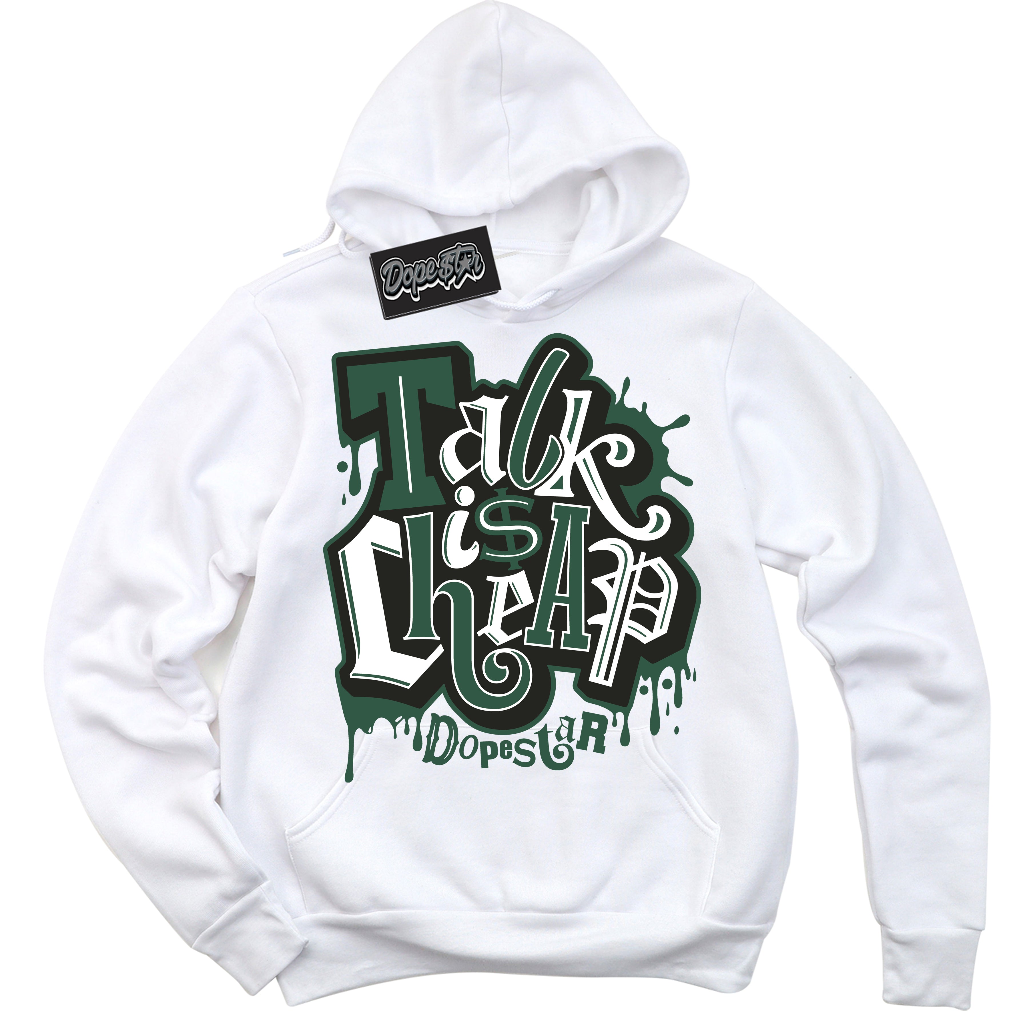 Cool White Hoodie with “ Talk Is Cheap ”  design that Perfectly Matches Golf Noble Green 1s Sneakers.