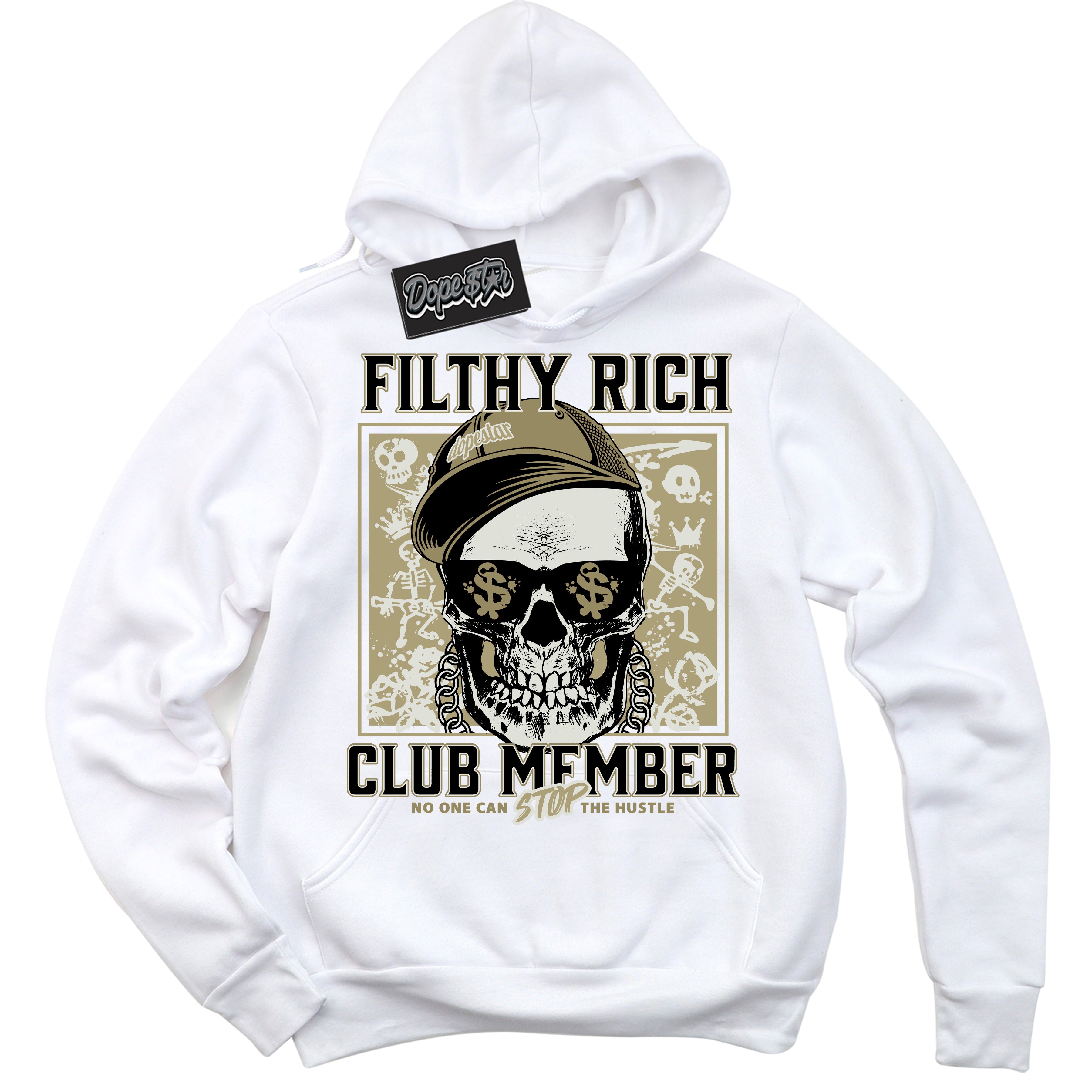 Cool White Hoodie with “ Filthy Rich ”  design that Perfectly Matches Golf Travis Scott Neutral Olive 1s Sneakers.