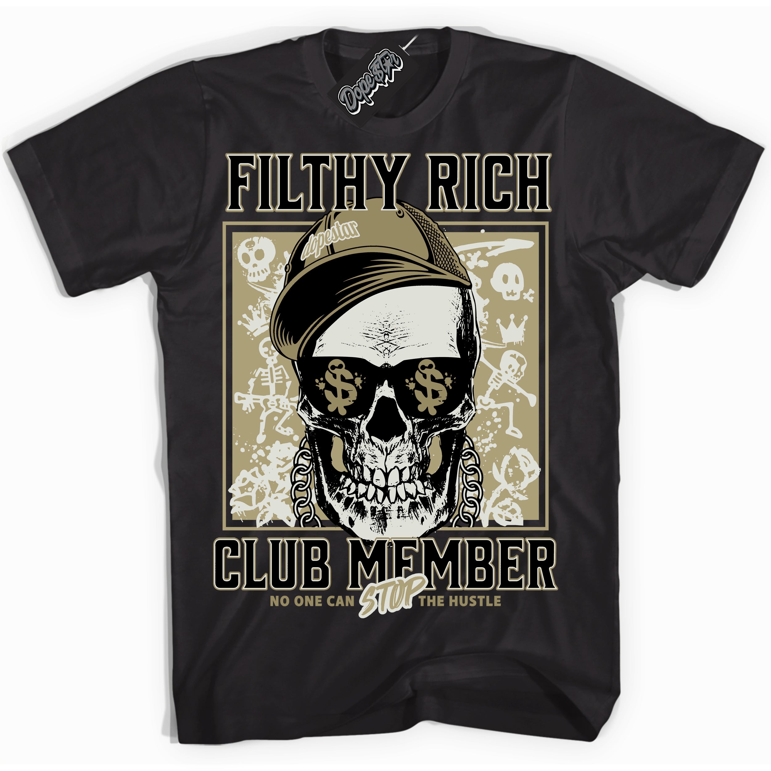 Cool Black Shirt with “ Filthy Rich” design that perfectly matches Golf Travis Scott Neutral Olive 1s Sneakers.