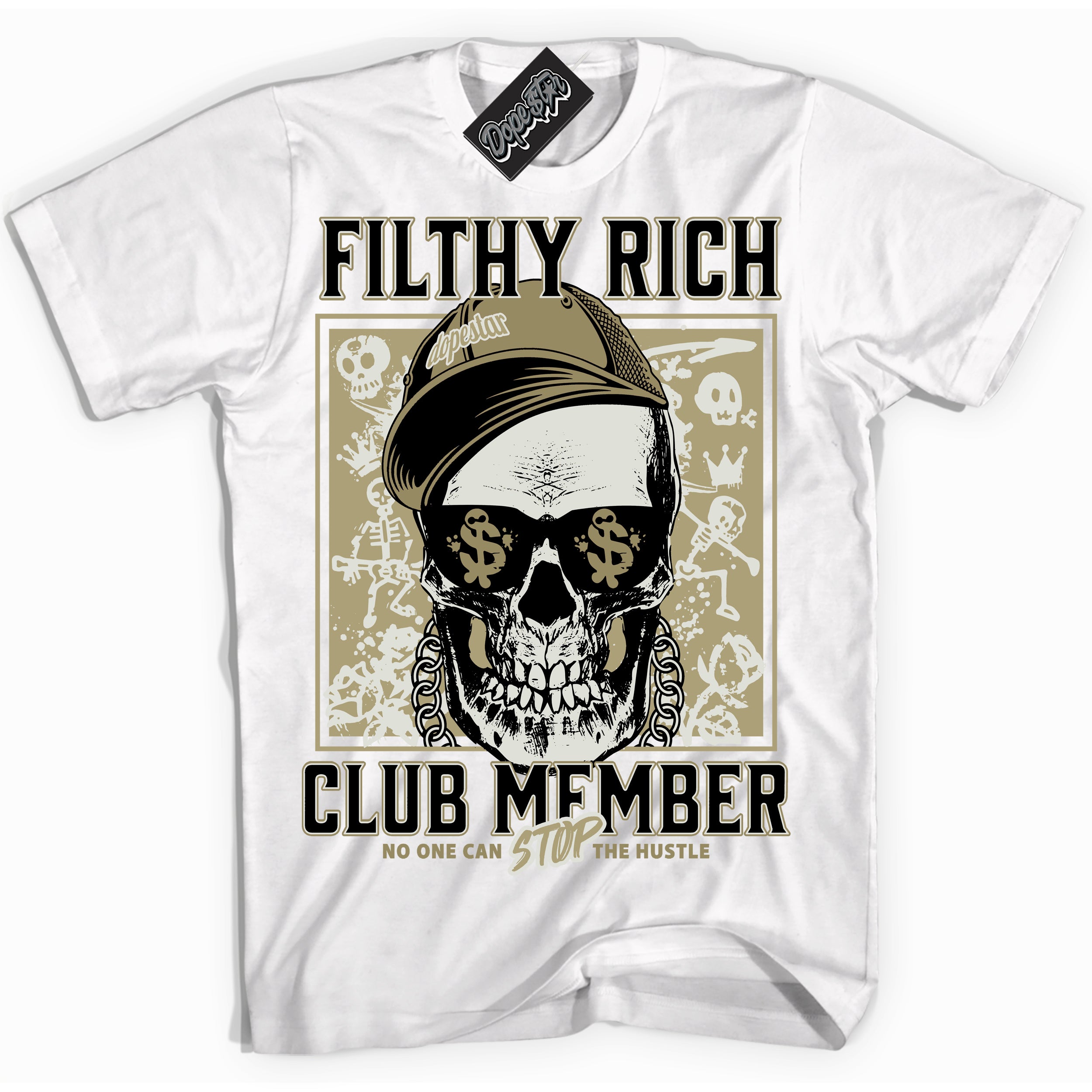 Cool White Shirt with “ Filthy Rich” design that perfectly matches Golf Travis Scott Neutral Olive 1s Sneakers.