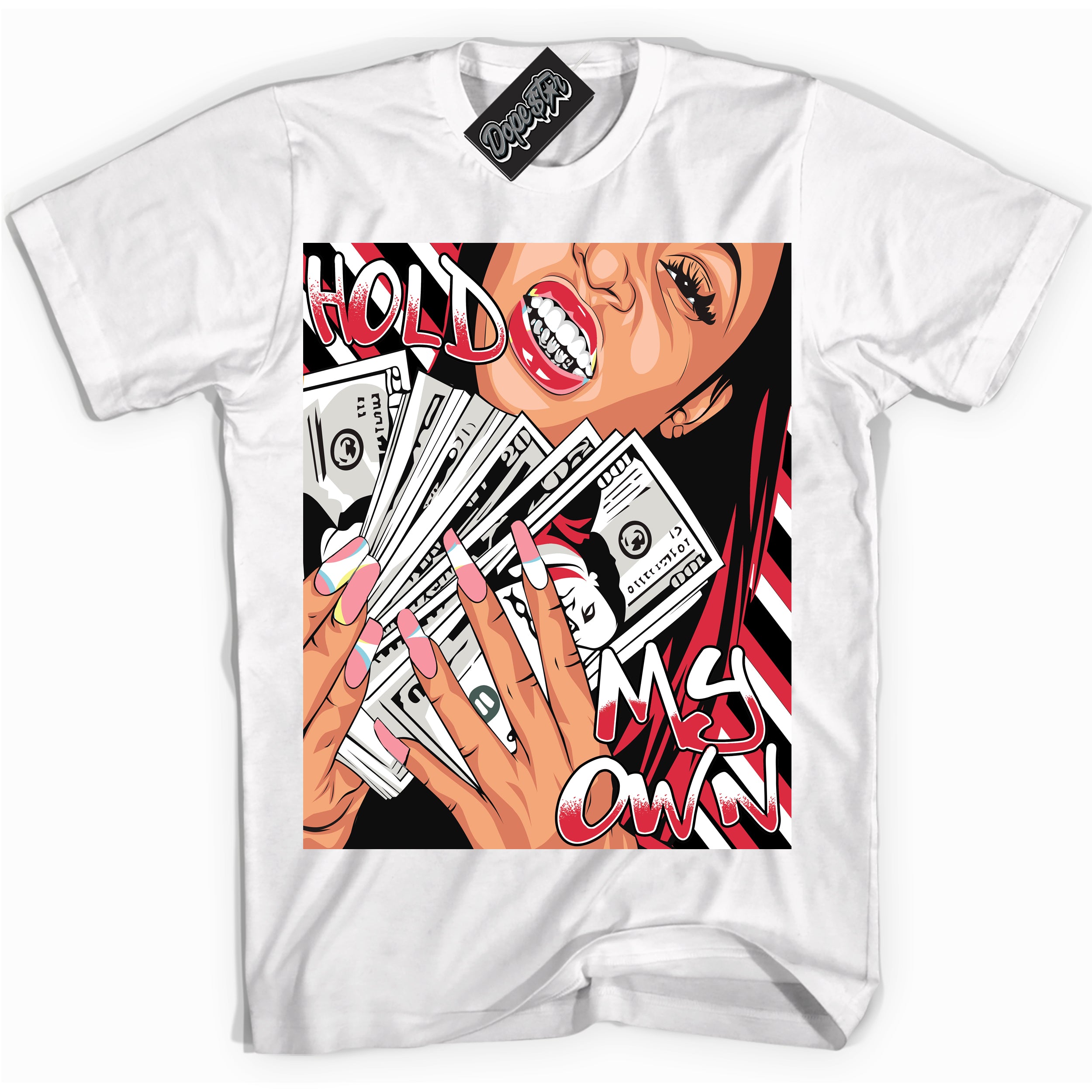 Cool White graphic tee with “ Hold My Own ” design, that perfectly matches Spider-Verse 1s sneakers 