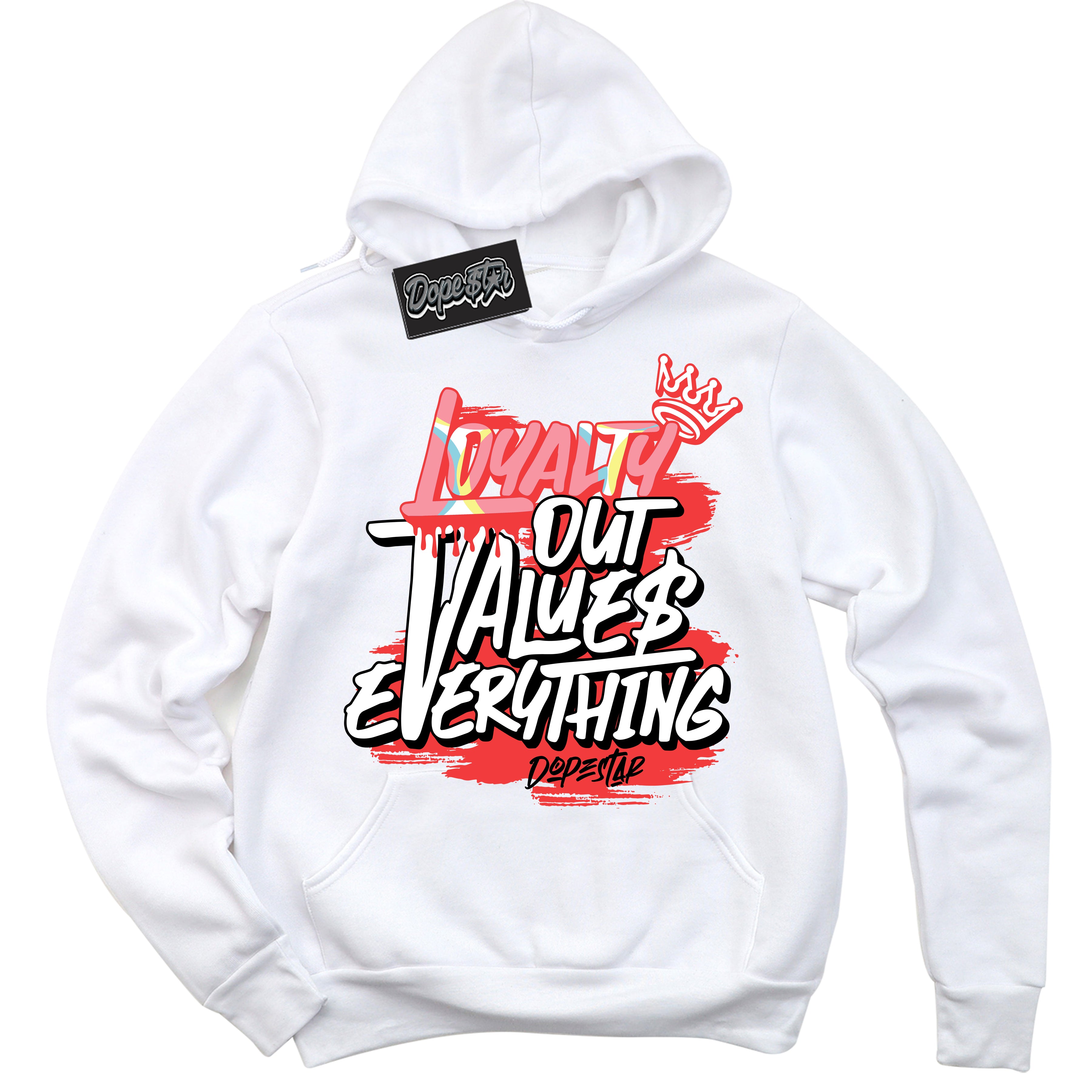 Cool White Graphic DopeStar Hoodie with “ Loyalty Out Values Everything “ print, that perfectly matches Spider-Verse 1s sneakers