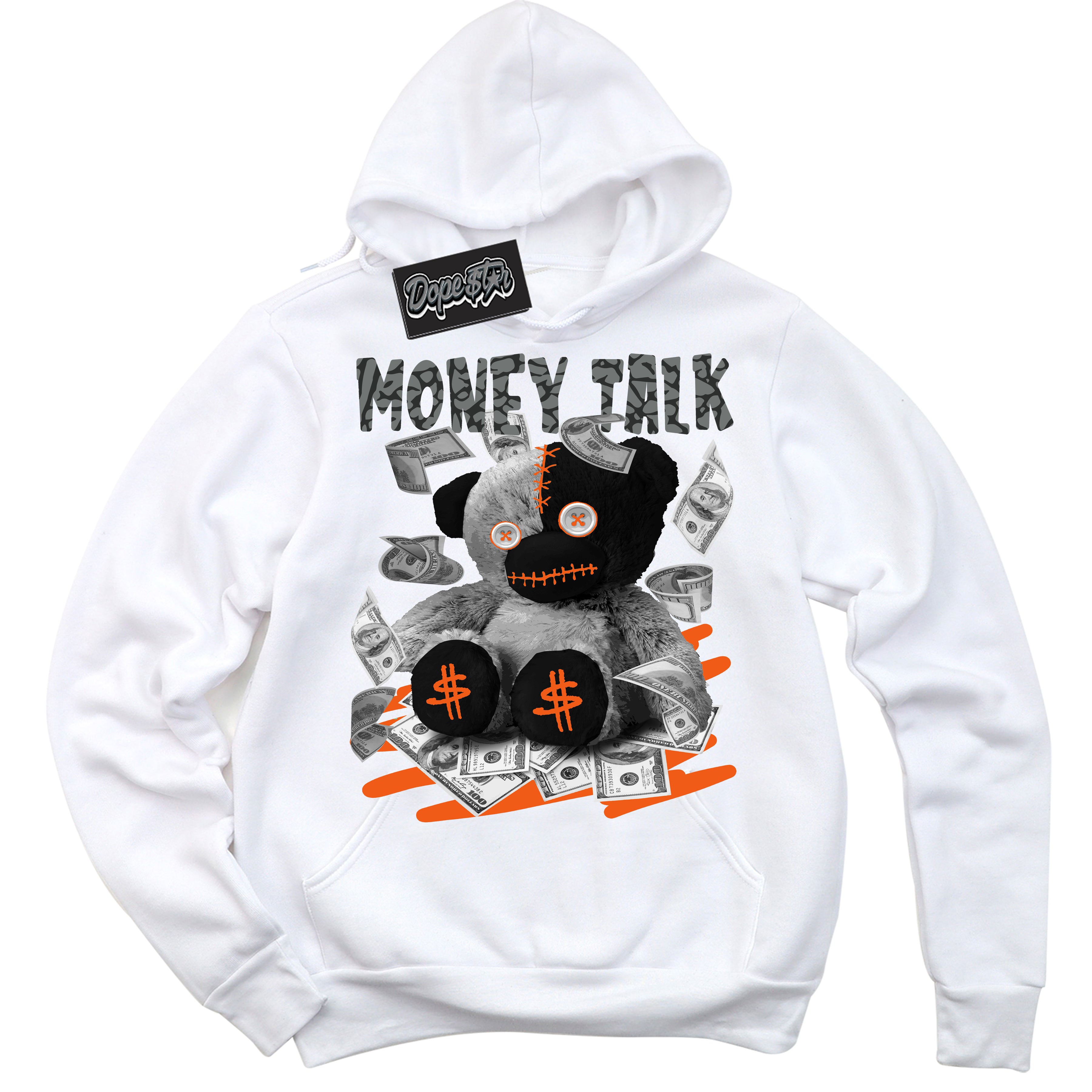 Cool White Graphic DopeStar Hoodie with “ Glow Money Talk Bear “ print, that perfectly matches Fear Pack 3s sneakers