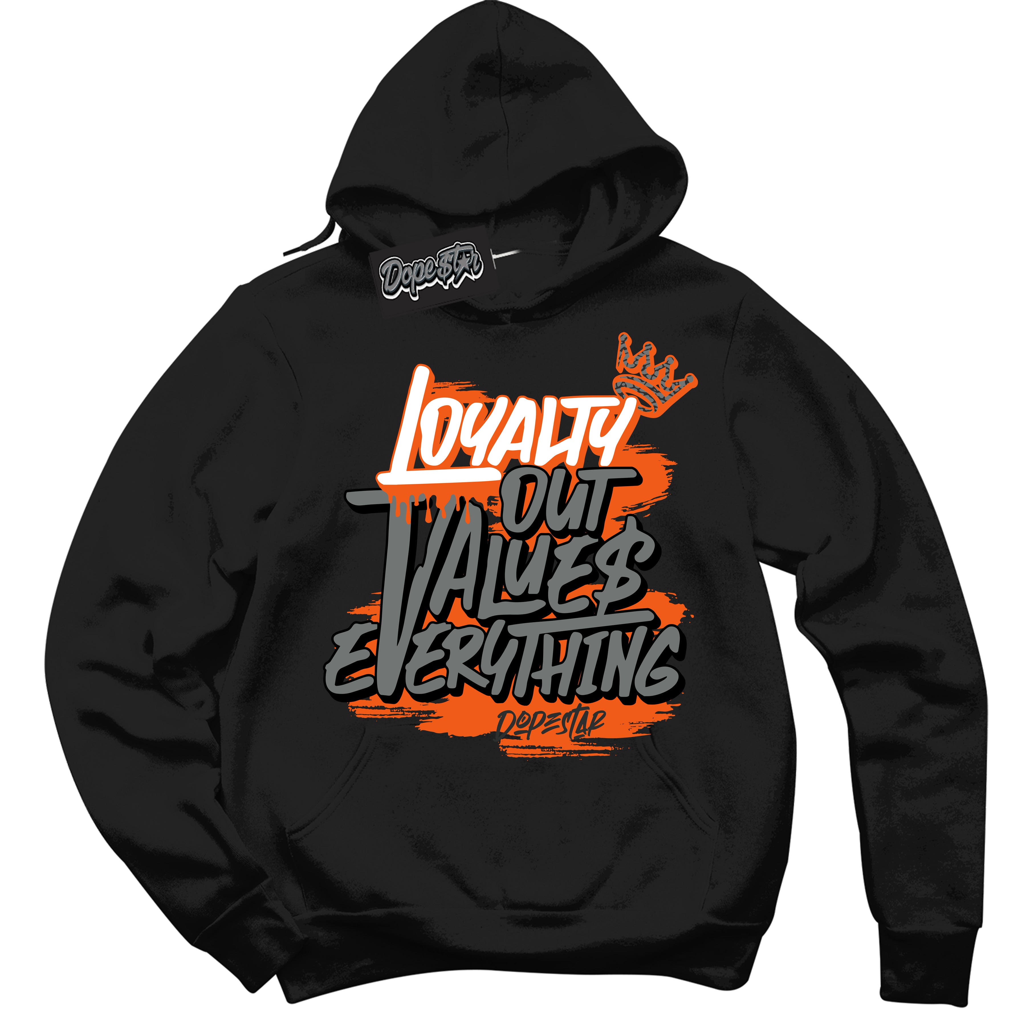 Cool Black Graphic DopeStar Hoodie with “  Loyalty Out Values Everything  “ print, that perfectly matches Fear Pack 3s sneakers