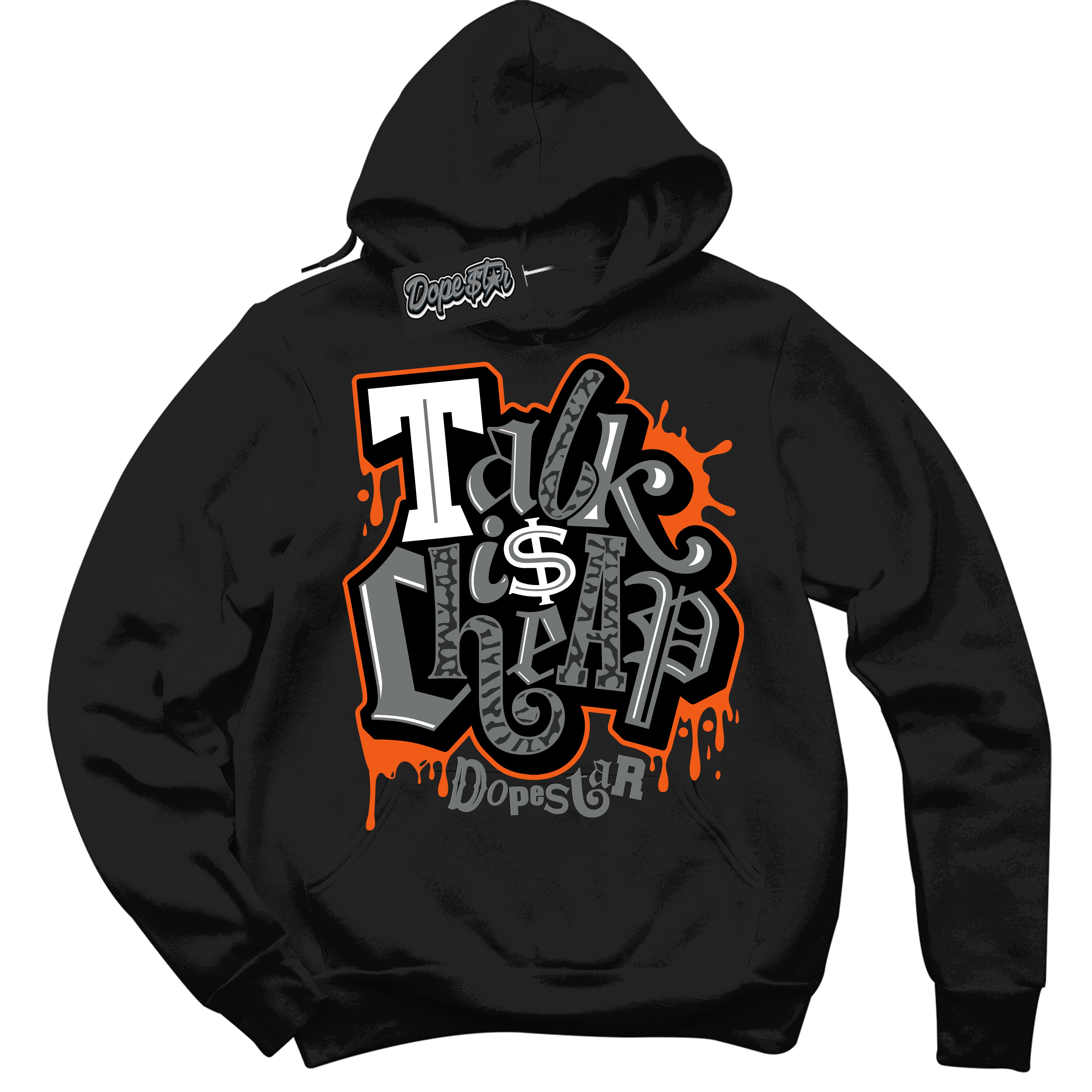Cool Black Graphic DopeStar Hoodie with “ Talk Is Cheap “ print, that perfectly matches Fear Pack 3s sneakers